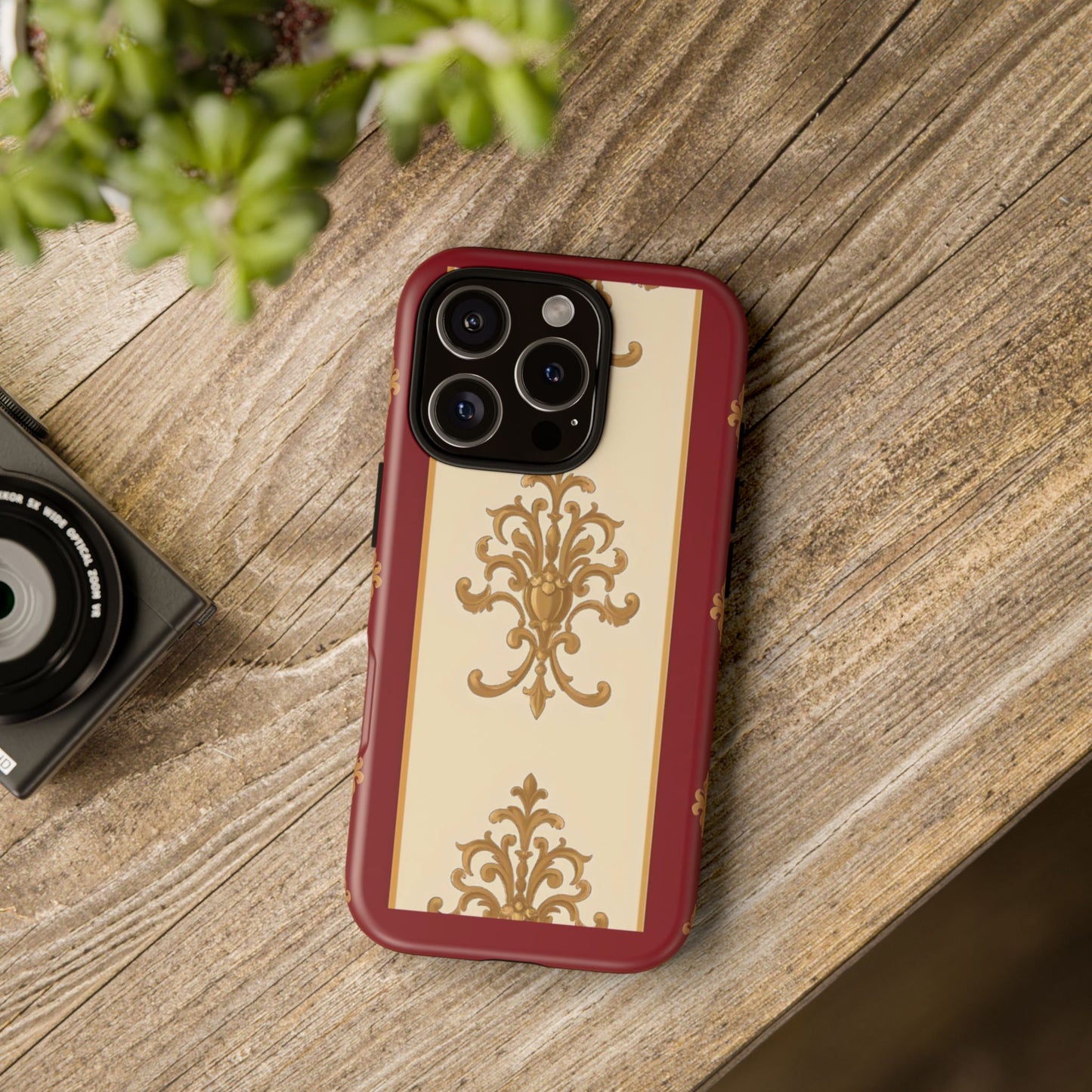 Elegant Floral Motif Phone Case - Tough Cases with Vintage Design - Dusk Red Striped Gold Damask