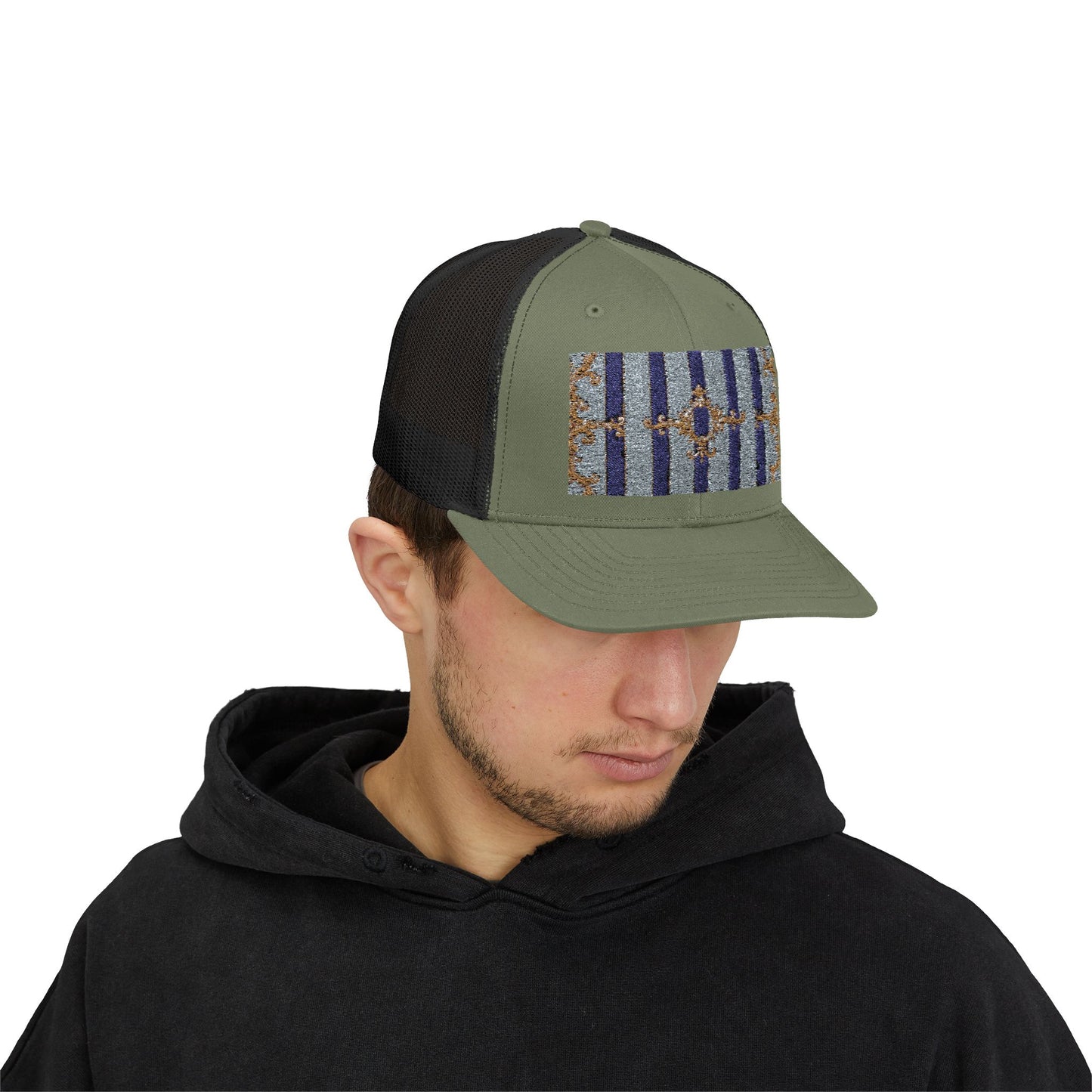 Stylish Snapback Trucker Cap with Vibrant Pattern, Trendy Hat for Outdoor Adventures, Casual Wear - Striped Gold Baroque