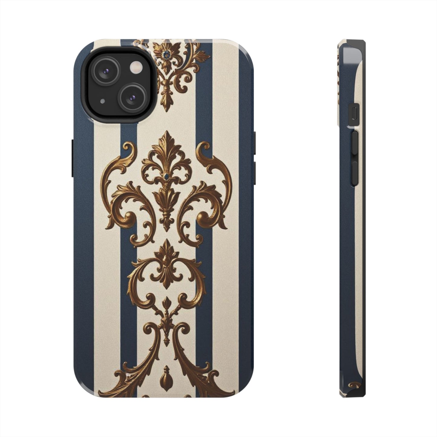 Damask Tough Phone Case - Alabaster & Blue Striped Damask