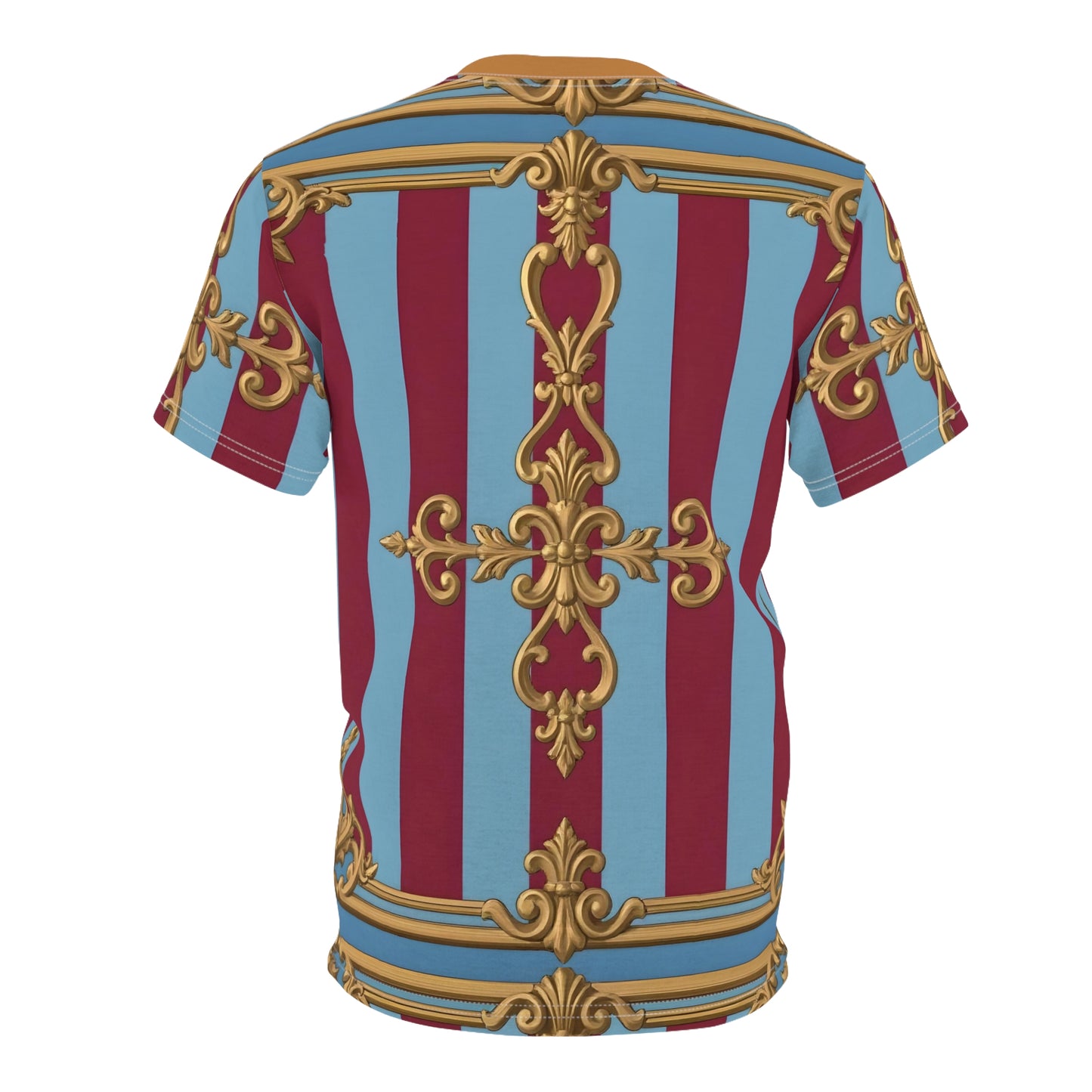 Vintage-Inspired Unisex Tee, Bold Graphic T-Shirt, Unique Casual Wear, Festival Outfit, Trendy Streetwear - Sky Blue & Maroon Striped Baroque