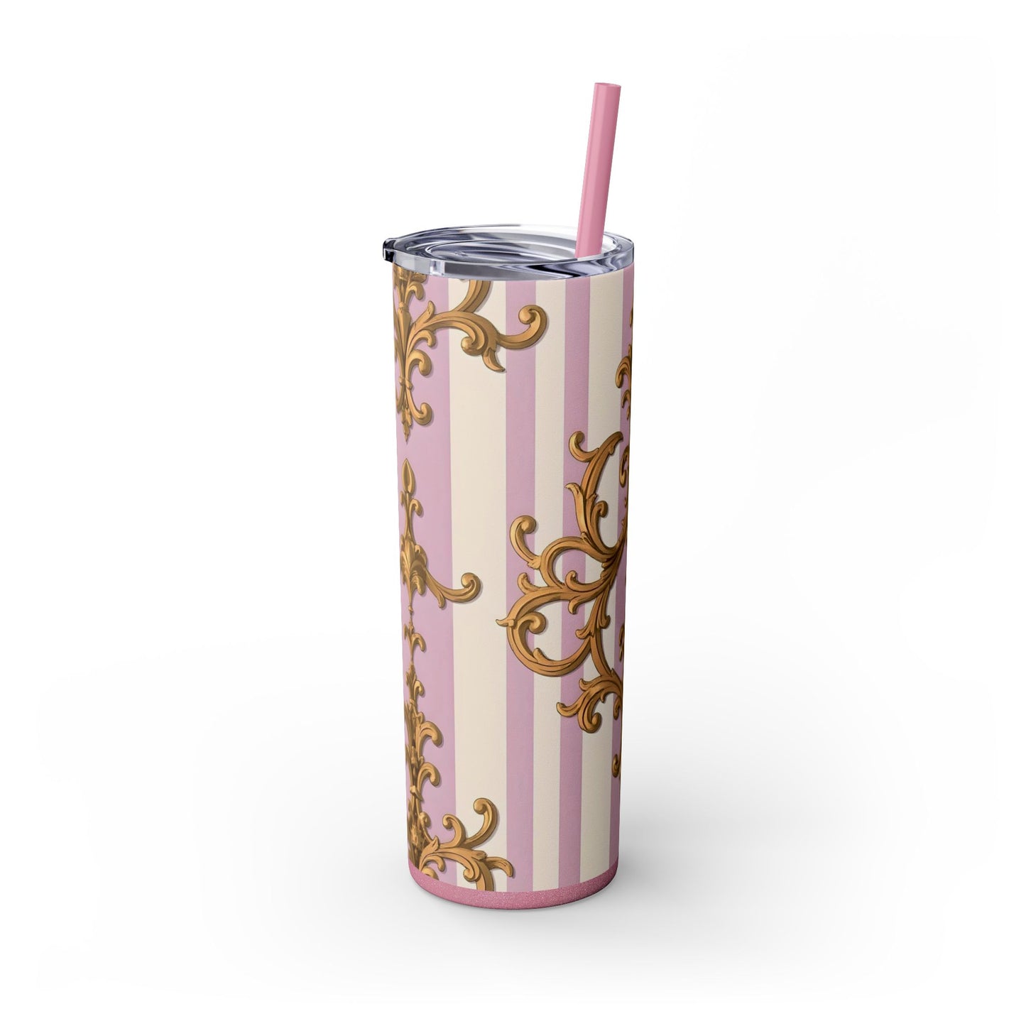 Elegant Pink Tumbler, Gold Patterned Travel Cup, Insulated Drink Holder, Stylish Coffee Tumbler - Lilac & Alabaster Striped Gold Baroque