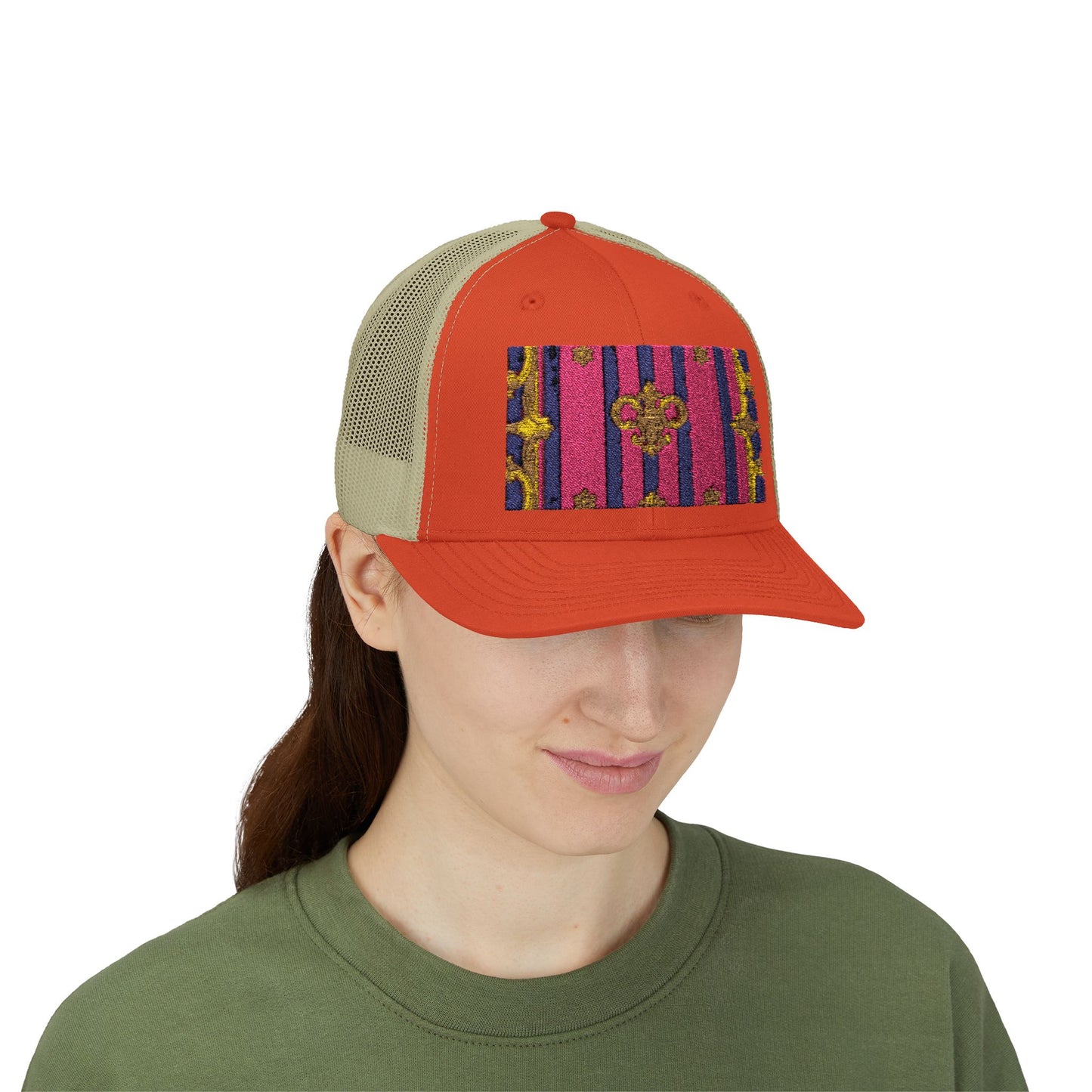 Vibrant Snapback Trucker Cap, Stylish Outdoor Hat, Trendy Fashion Accessory, Gift for Him or Her - Pink Striped Gold Baroque