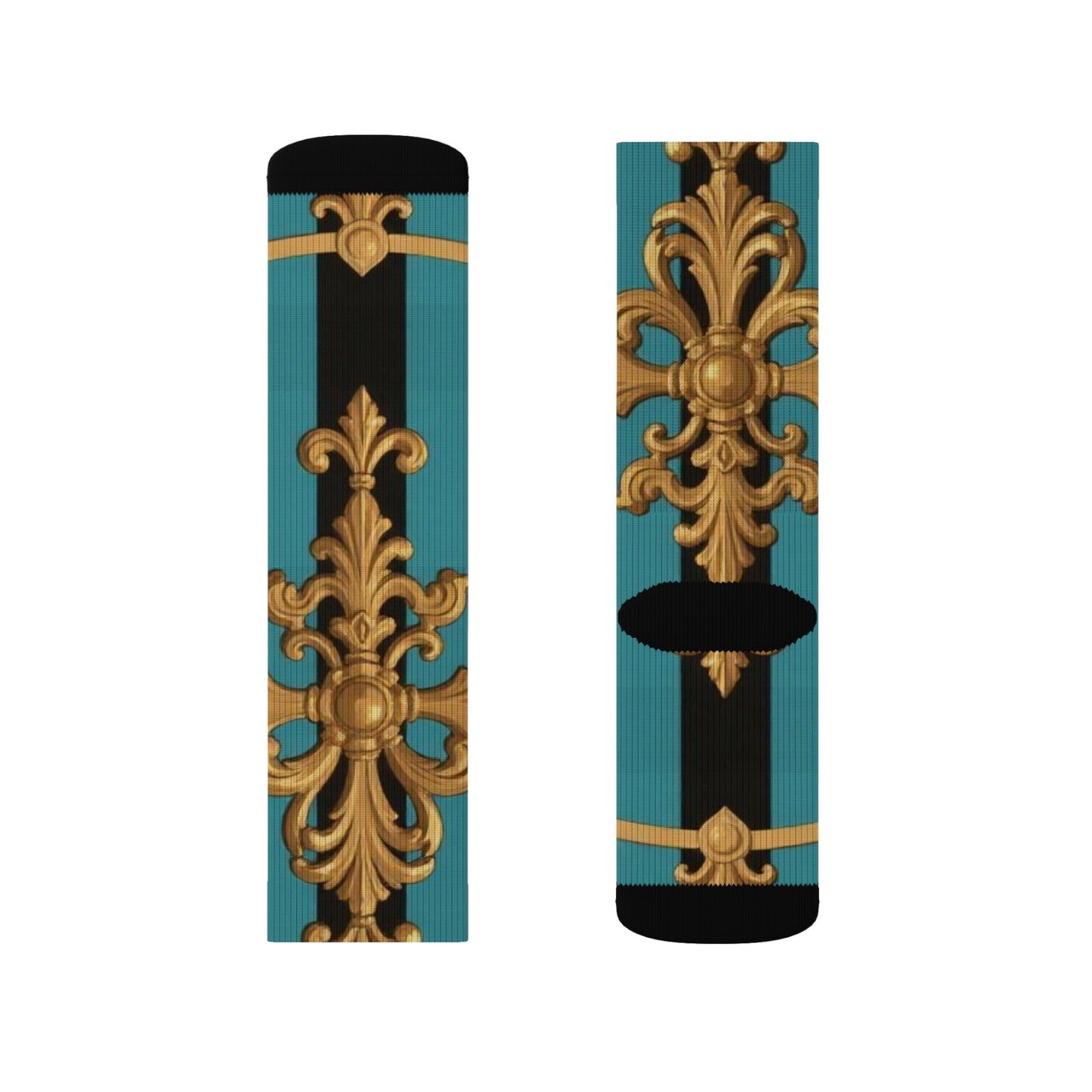 Elegant Turquoise & Black Striped Gold Baroque Patterned Unisex Sublimation Socks, Fashionable Socks, Unique Gift for Her & Him