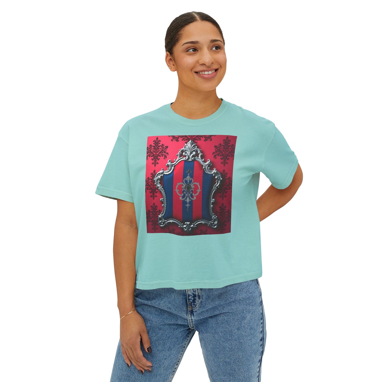 Vintage-Inspired Women's Boxy Tee, Retro Graphic Top, Casual Summer Shirt, Trendy Fashion Tee, Gift for Her - Blue & Red Striped Silver Crest