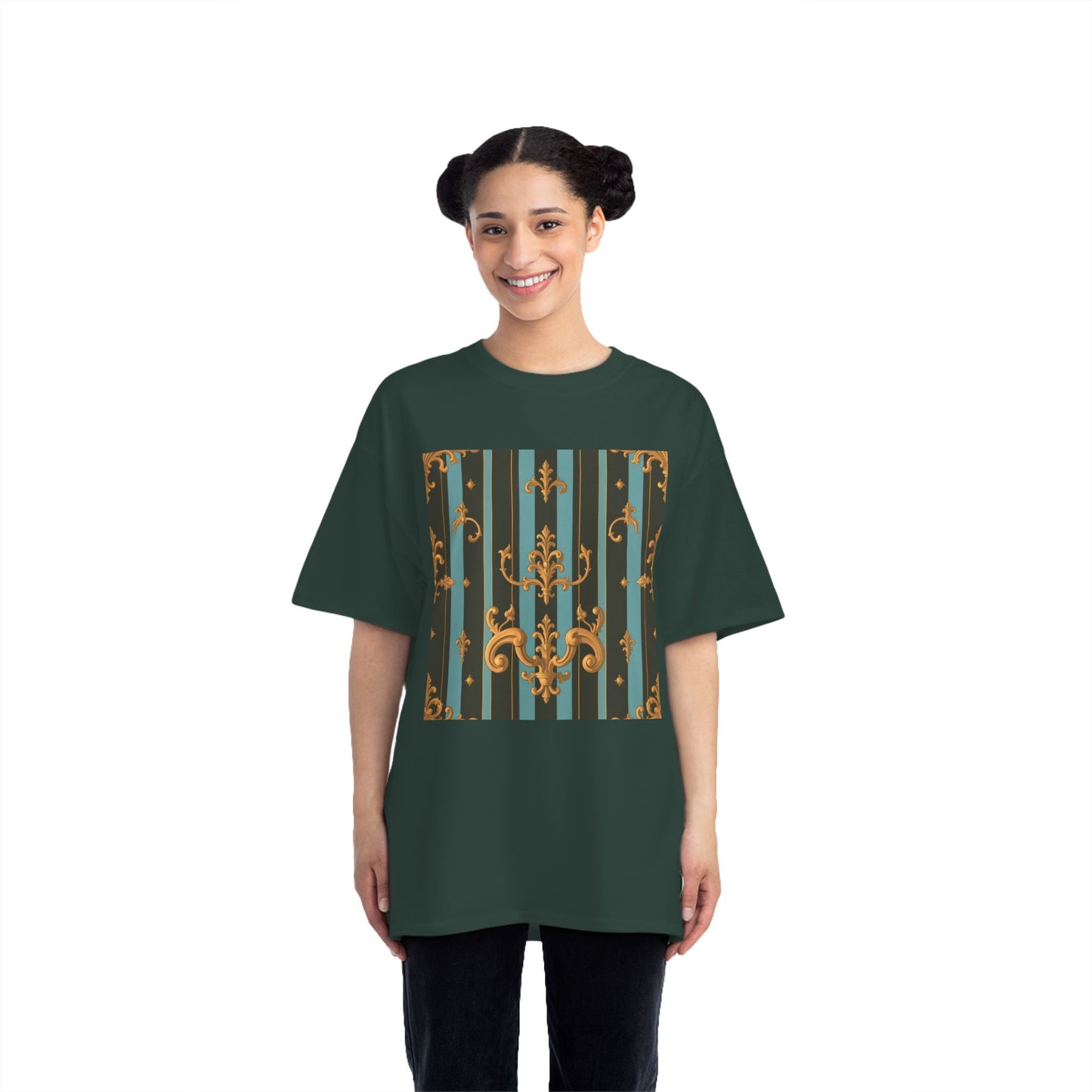 Elegant Vintage Pattern T-Shirt, Stylish Tee for Everyday Wear, Retro Design Shirt, Perfect Gift for Art Lovers - Black & Turquoise Striped Baroque