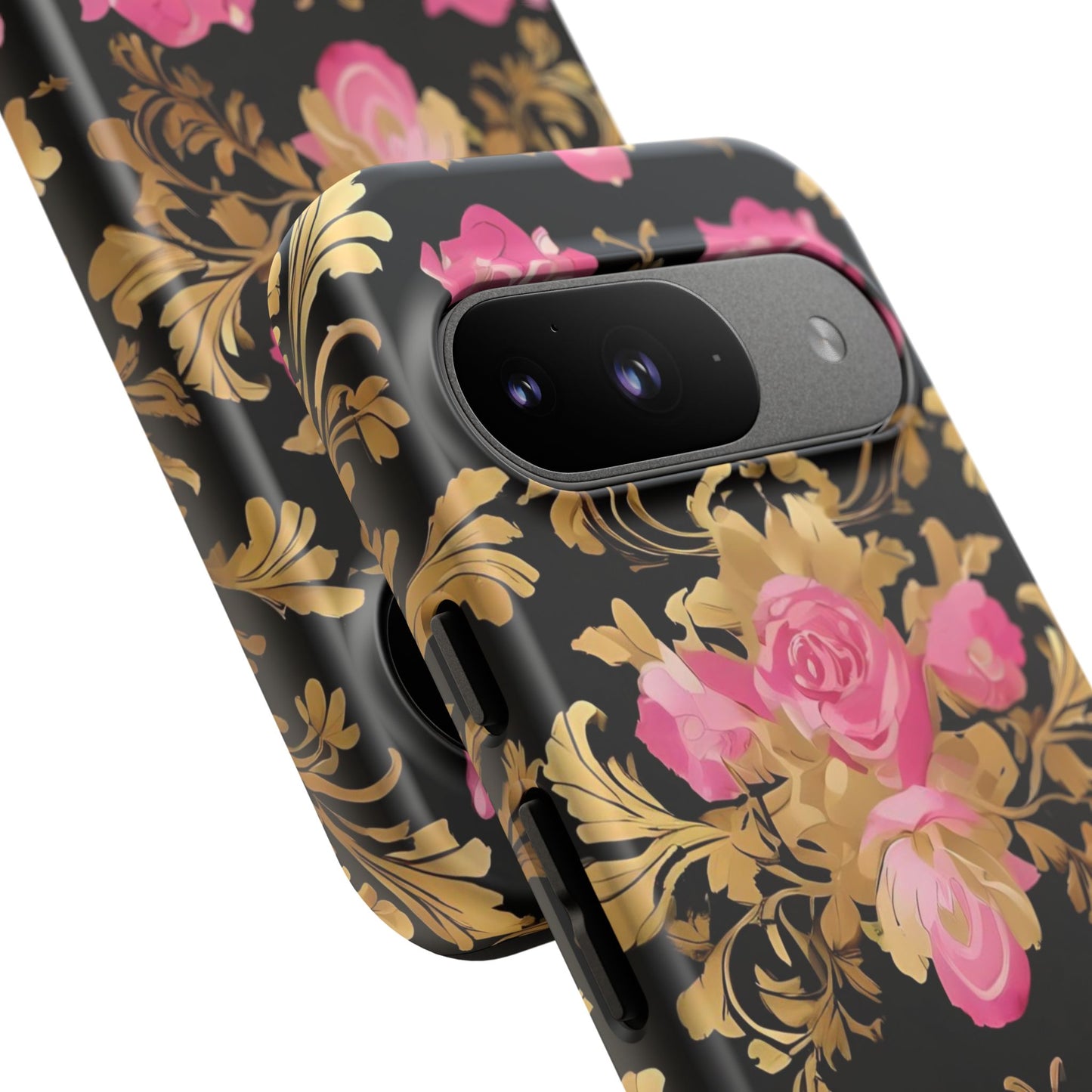 Elegant Floral Motif Phone Case - Tough Cases with Vintage Design - Pink & Gold Roses