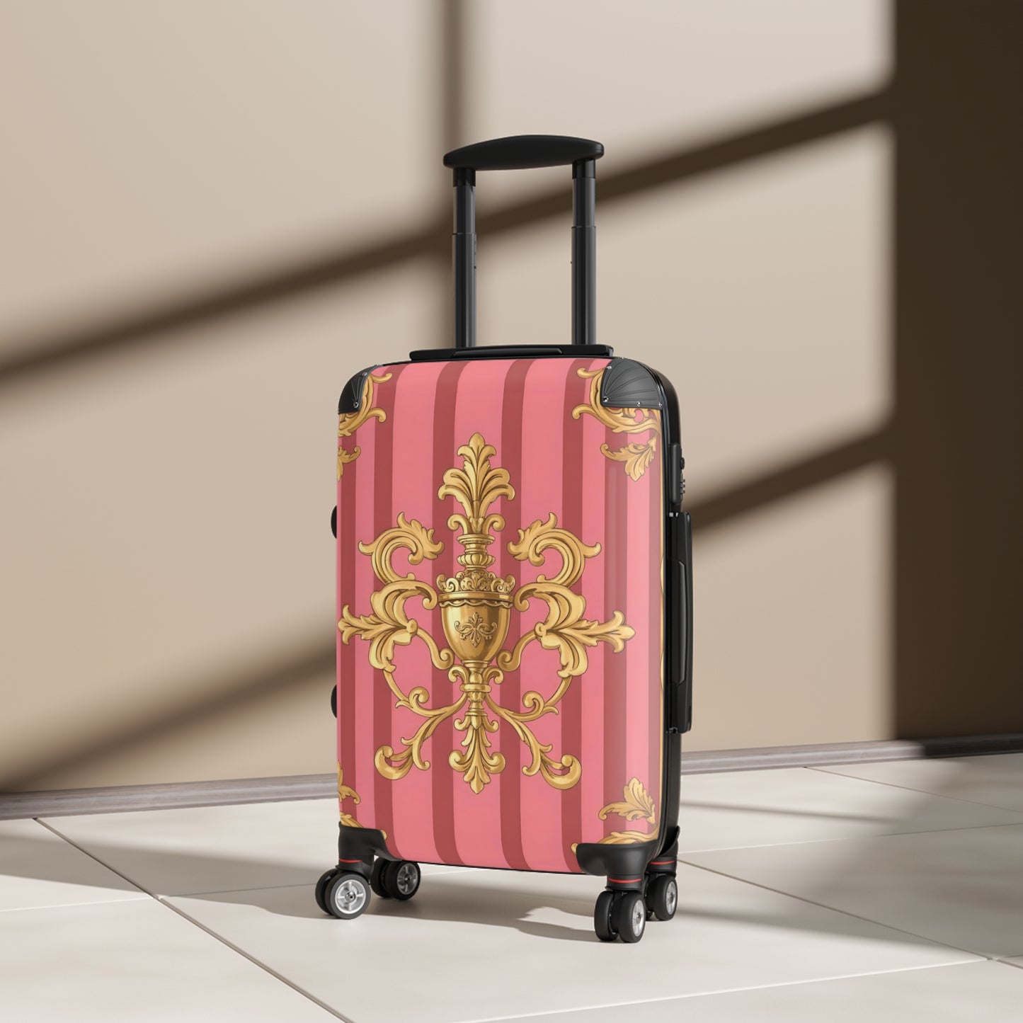 Elegant Pink Ornate Suitcase, Stylish Travel Luggage, Chic Carry-On, Unique Gift for Travelers - Pink Striped Gold Baroque