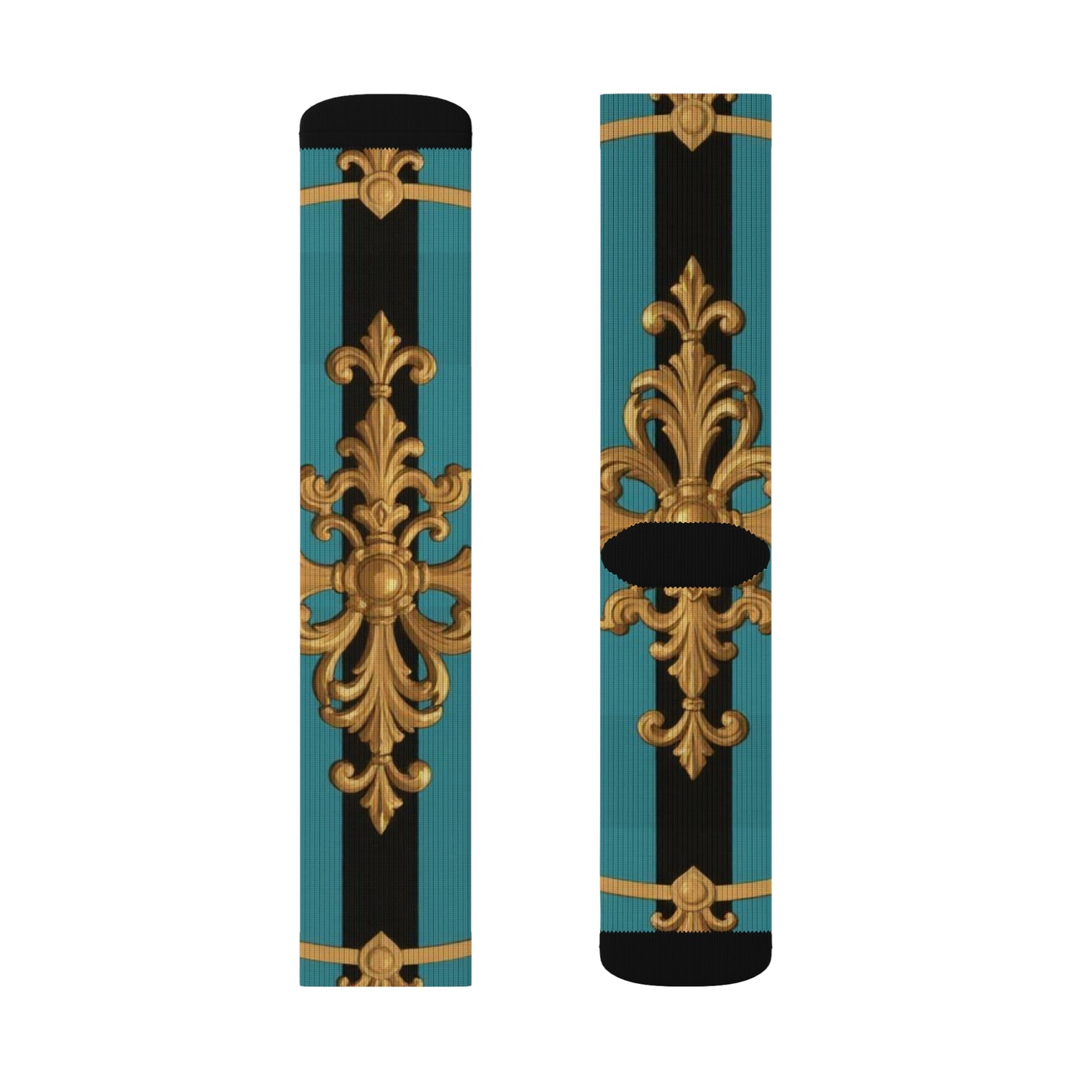 Elegant Turquoise & Black Striped Gold Baroque Patterned Unisex Sublimation Socks, Fashionable Socks, Unique Gift for Her & Him