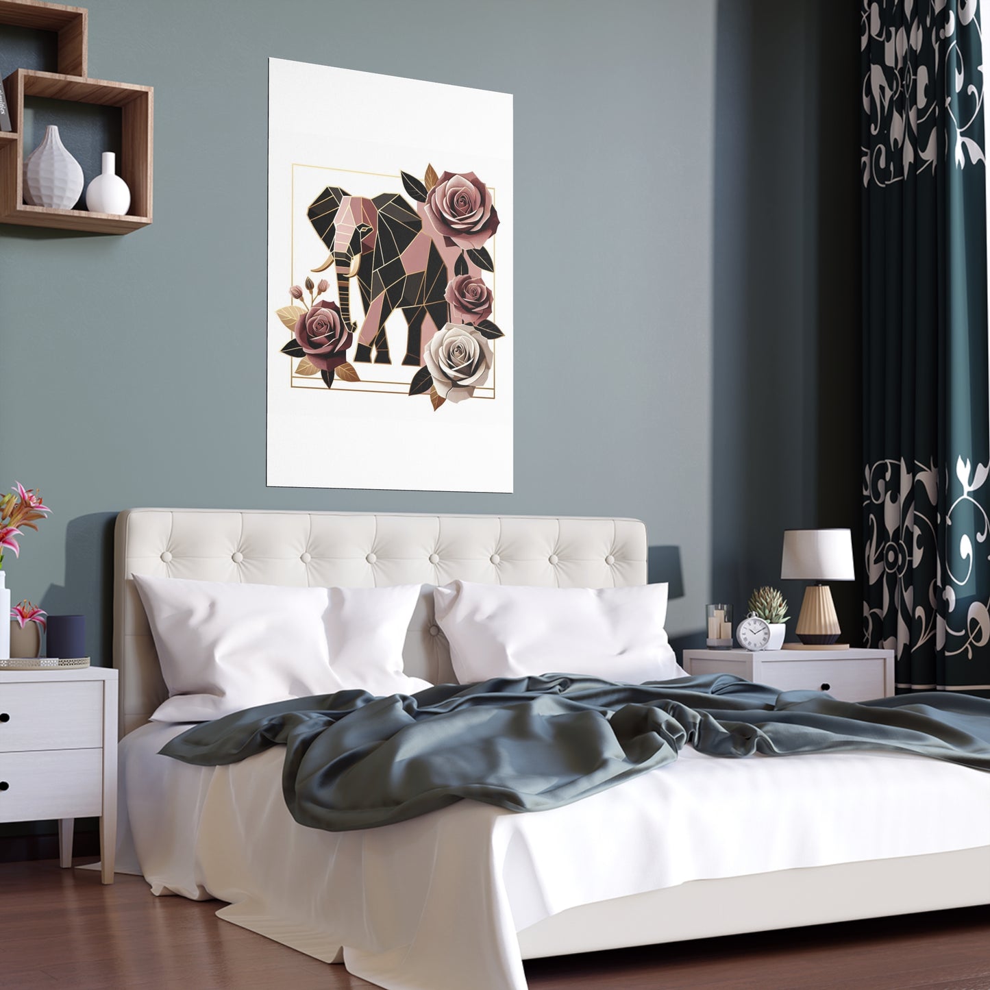 Elegant Floral Silk Poster - Indoor/Outdoor Wall Art for Home Decor - Brown & Mauve Elephant & Roses