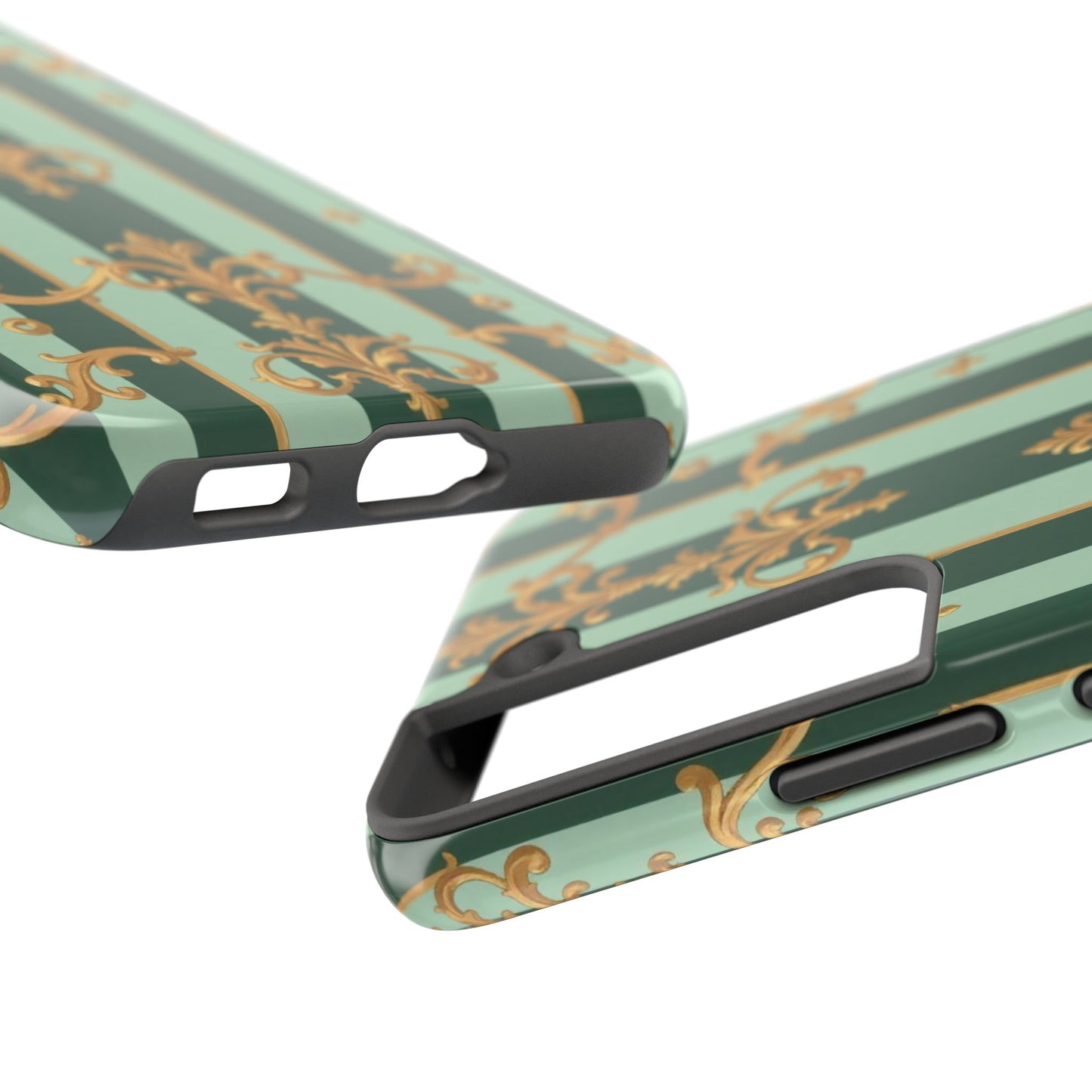 Elegant Floral Tough Phone Cases | Stylish Phone Protection, Gift for Her, Trendy Accessory, Unique Decor - Mint Green & Teal Striped Gold Baroque