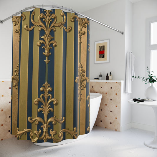 Elegant Midnight Blue & Olive Striped Gold Baroque Vintage Shower Curtains | Luxury Bathroom Decor, Home Improvement, Vintage Elegance