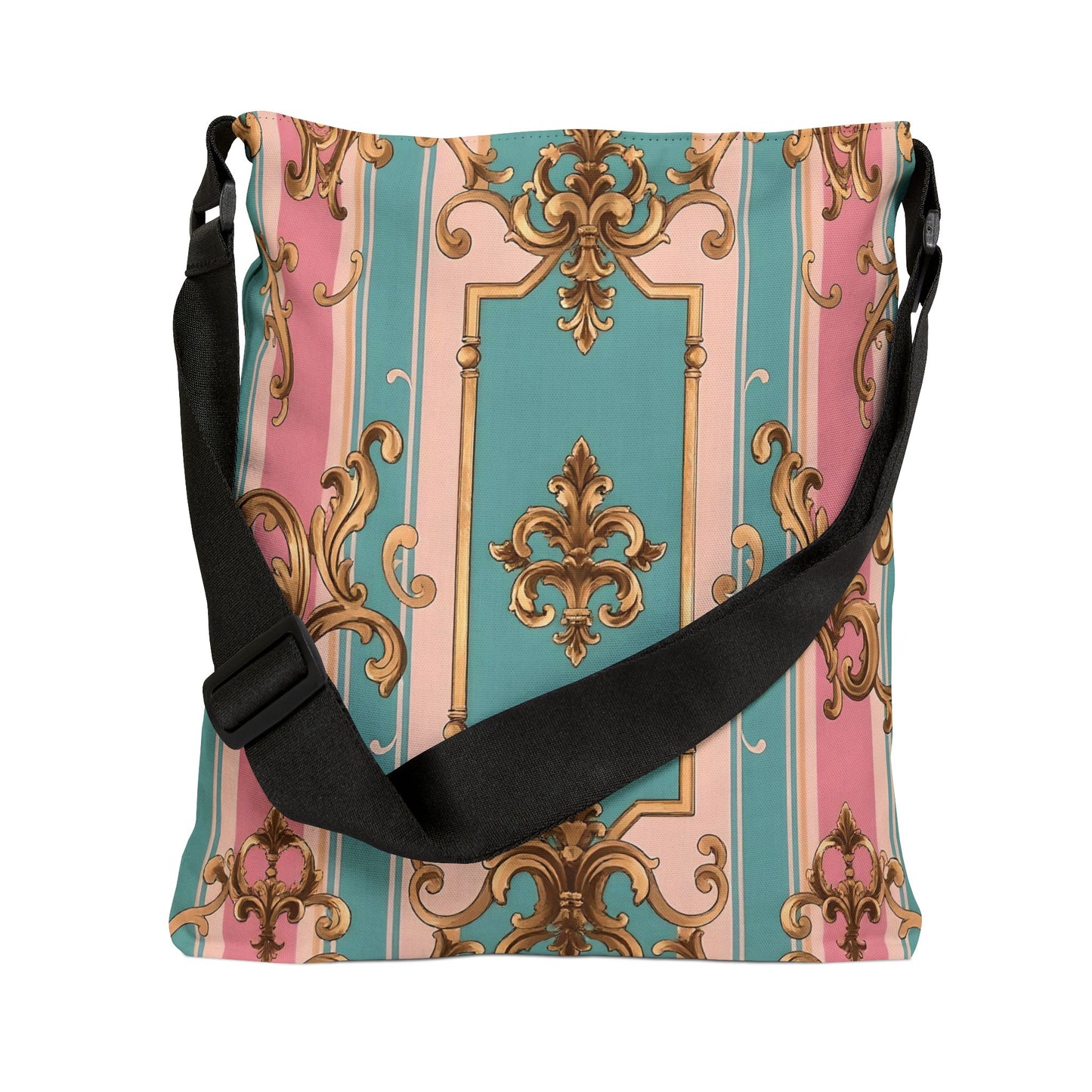 Elegant Vintage Floral Adjustable Tote Bag, Stylish Handbag, Everyday Use, Gift for Her - Pink & Matte Turquoise Striped Rococo