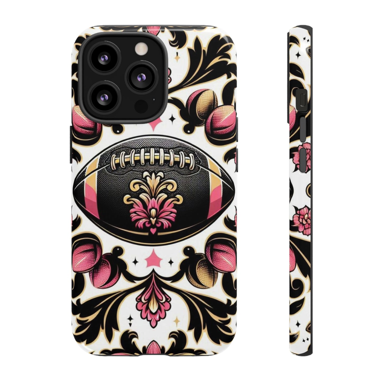 Elegant Floral Motif Phone Case - Tough Cases with Vintage Design - Damask White, Pink Gold & Black Football