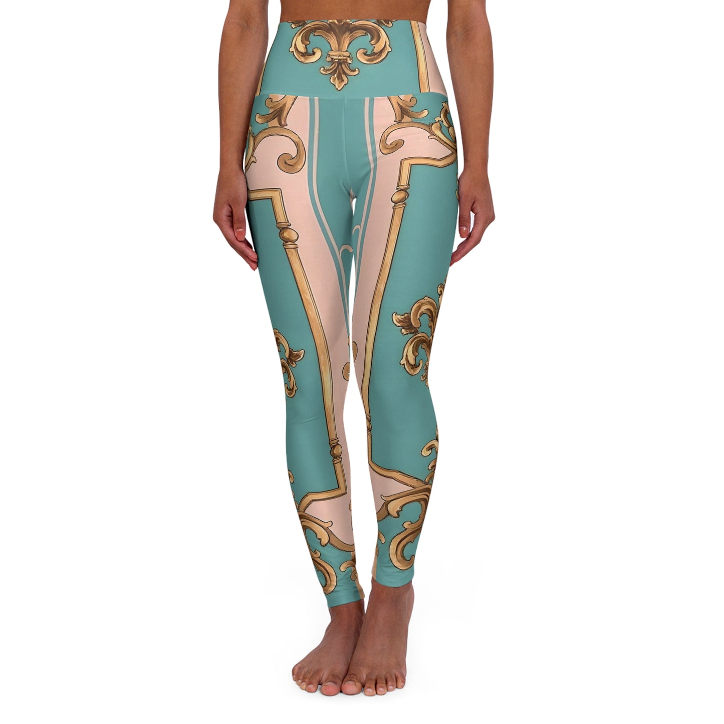 Elegant High Waisted Yoga Leggings - Chic Activewear, Comfortable Workout Pants, Fashionable Leggings - Pink & Matte Turquoise Striped Rococo