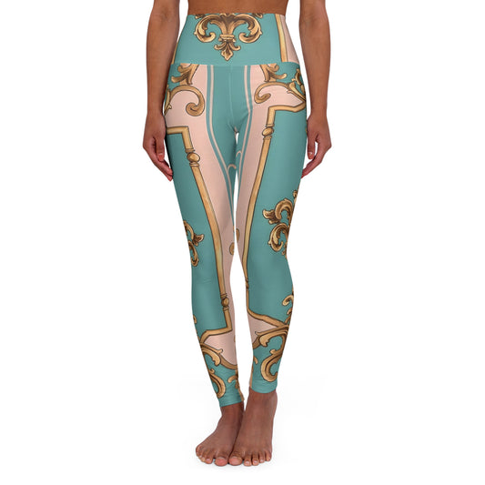 Elegant High Waisted Yoga Leggings - Chic Activewear, Comfortable Workout Pants, Fashionable Leggings - Pink & Matte Turquoise Striped Rococo