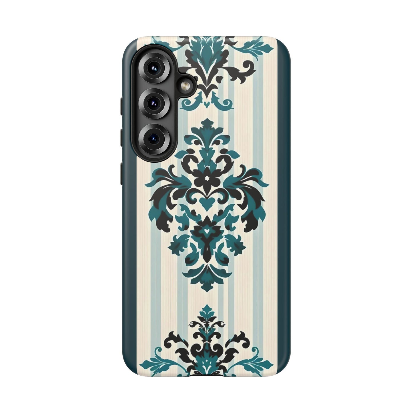 Elegant Floral Phone Case - Tough Cases with Vintage Design - Teal Striped Damask