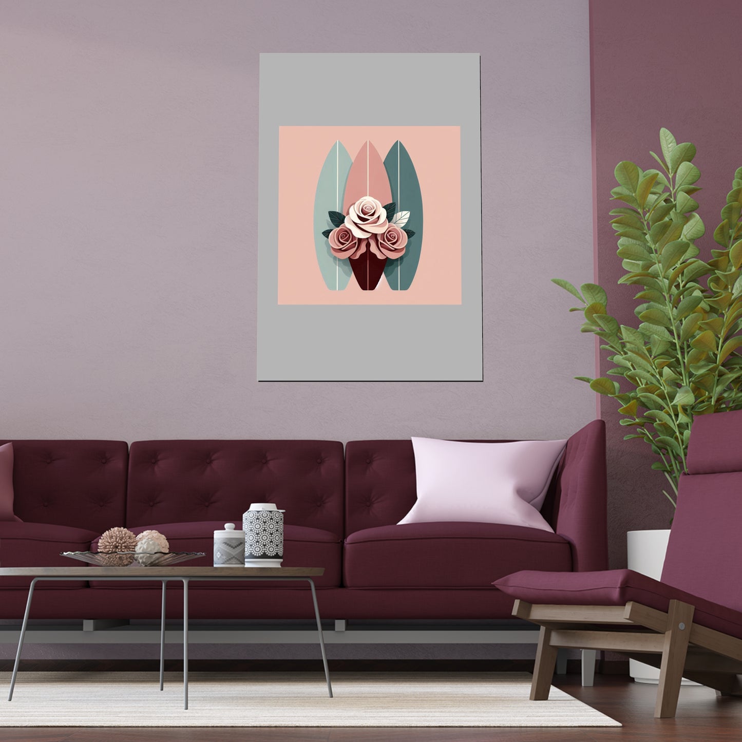 Elegant Floral Silk Poster - Indoor/Outdoor Wall Art for Home Decor - Burgundy, Matte Mauve & Teal Surfboard & Roses