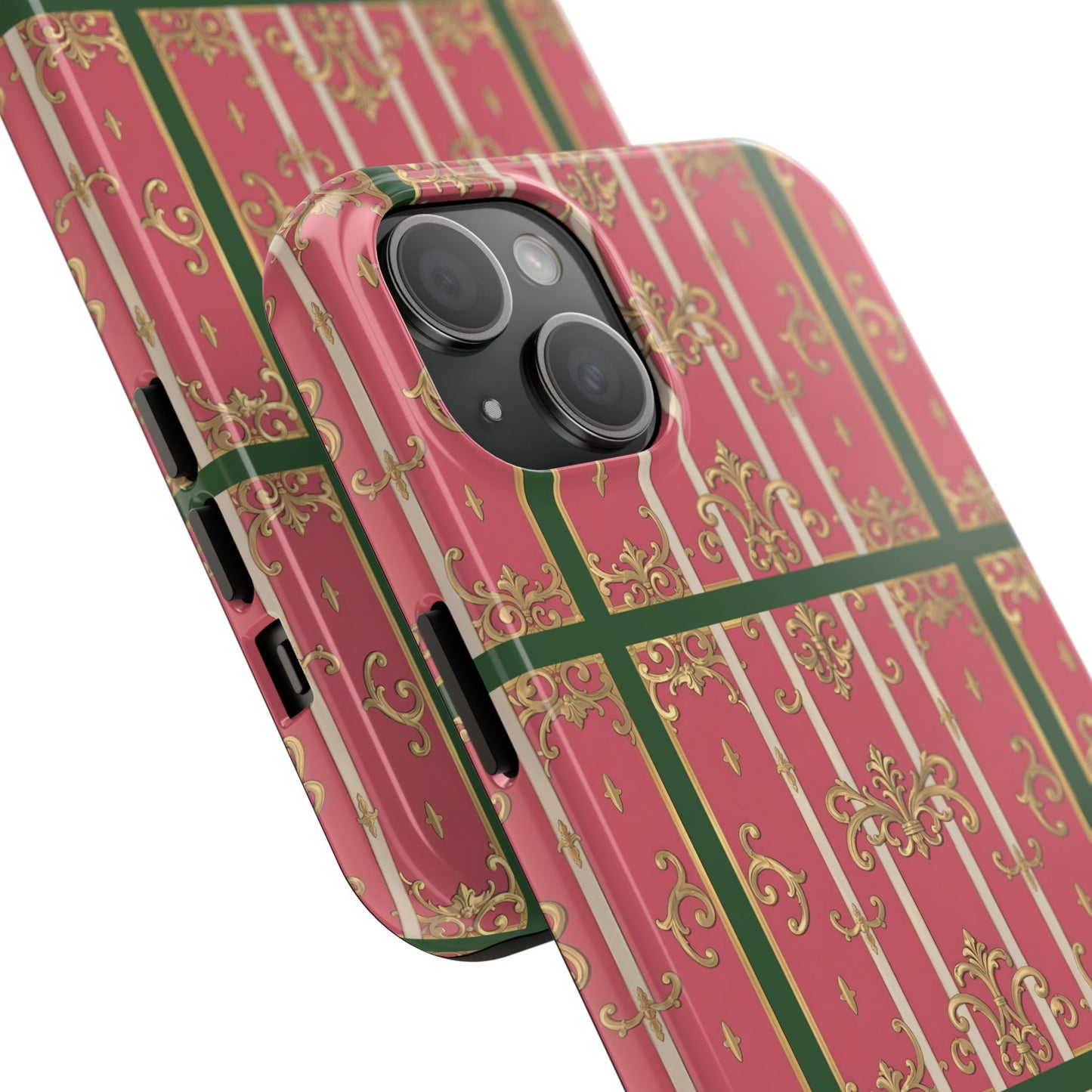 Elegant Green Border Pink Striped Baroque Phone Cases, Tough Phone Cases for Protection, Stylish Mobile Accessories, Gift for Her, Holiday Tech Gifts