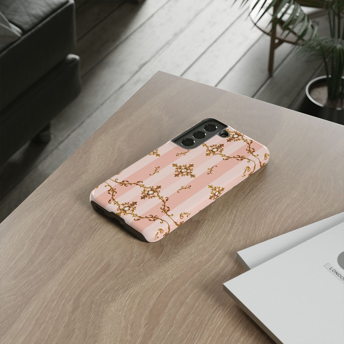 Elegant Floral Phone Case, Tough Cases for Women, Trendy Phone Cover, Chic Gift - Pink Jeweled Striped Gold Baroque