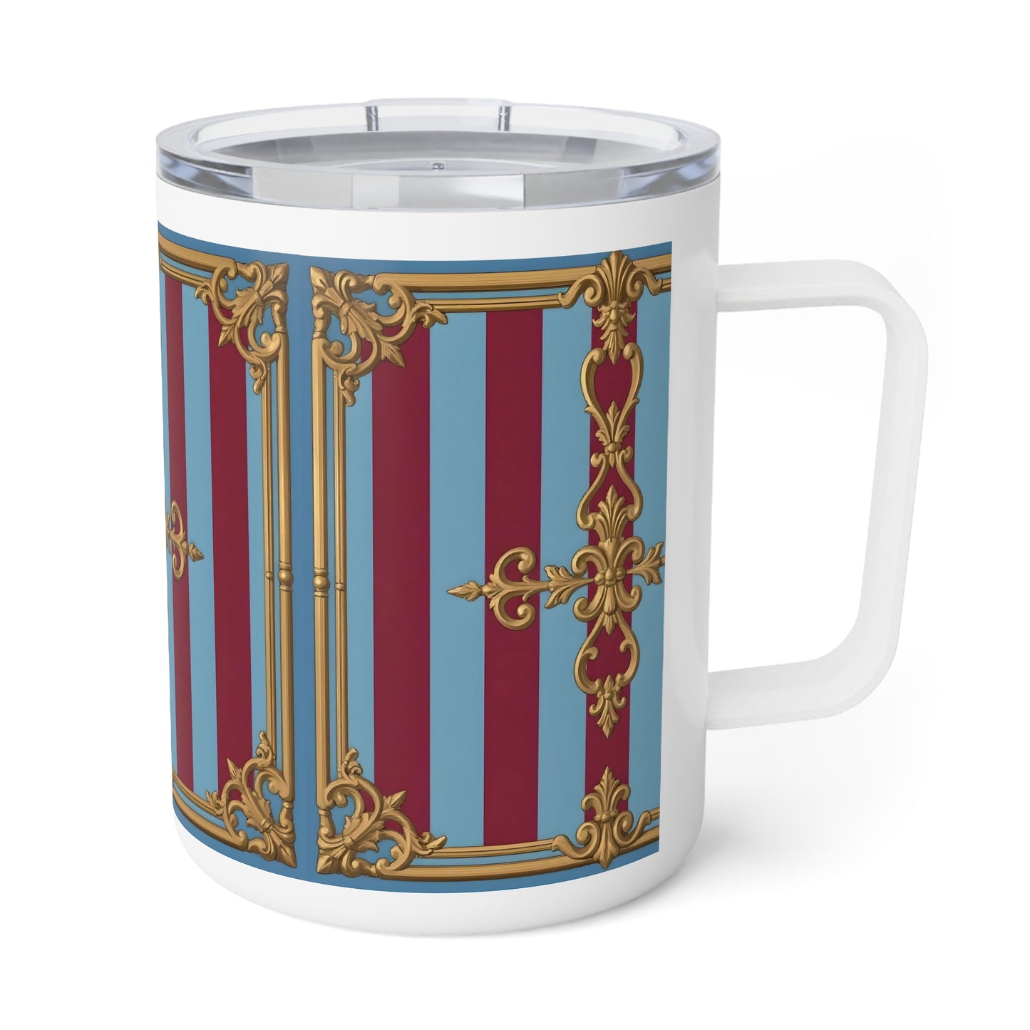 Elegant Insulated Coffee Mug, 10oz - Vintage Design for Coffee Lovers, Perfect Gift for Birthdays - Sky Blue & Maroon Striped Baroque