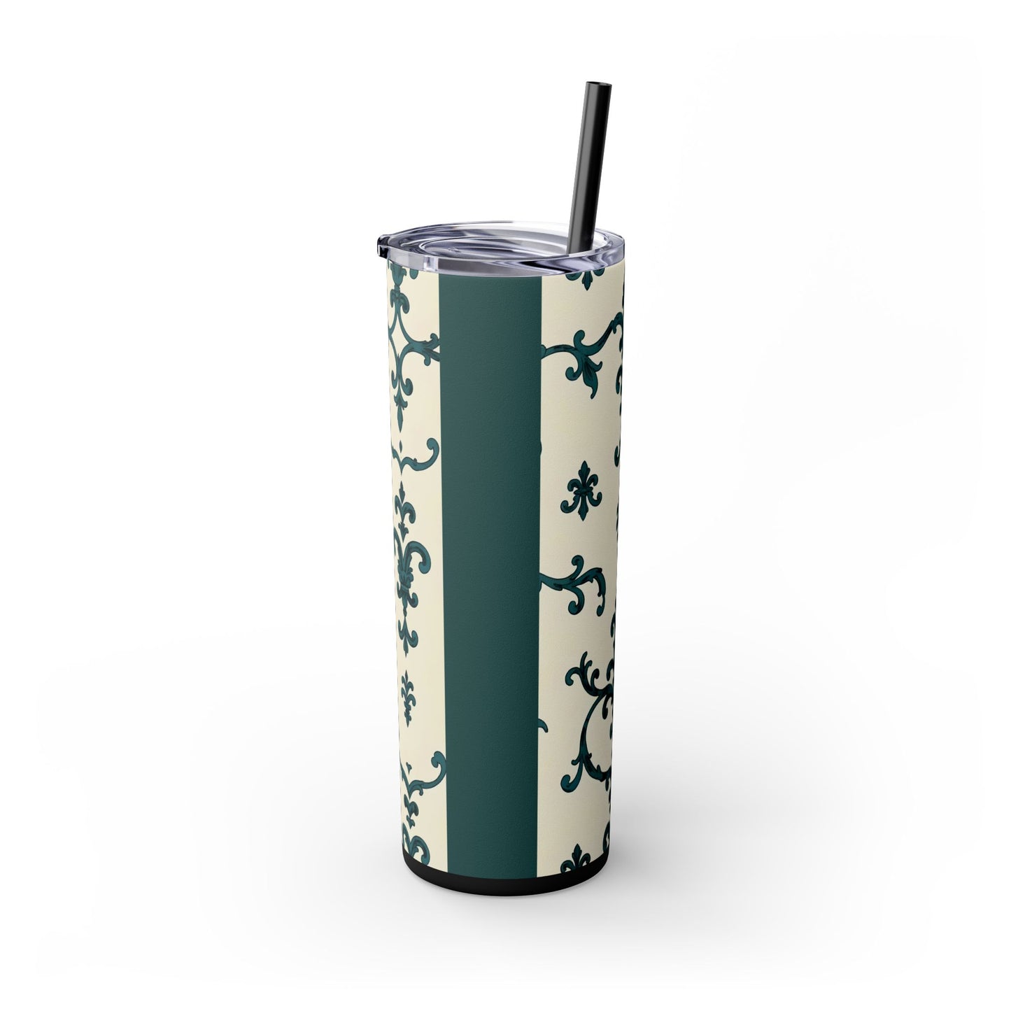 Elegant Floral Skinny Tumbler, 20oz - Stylish Travel Mug for Home, Coffee Lover Gift, Eco-Friendly Drinkware, Party Favor - Teal Striped Rococo