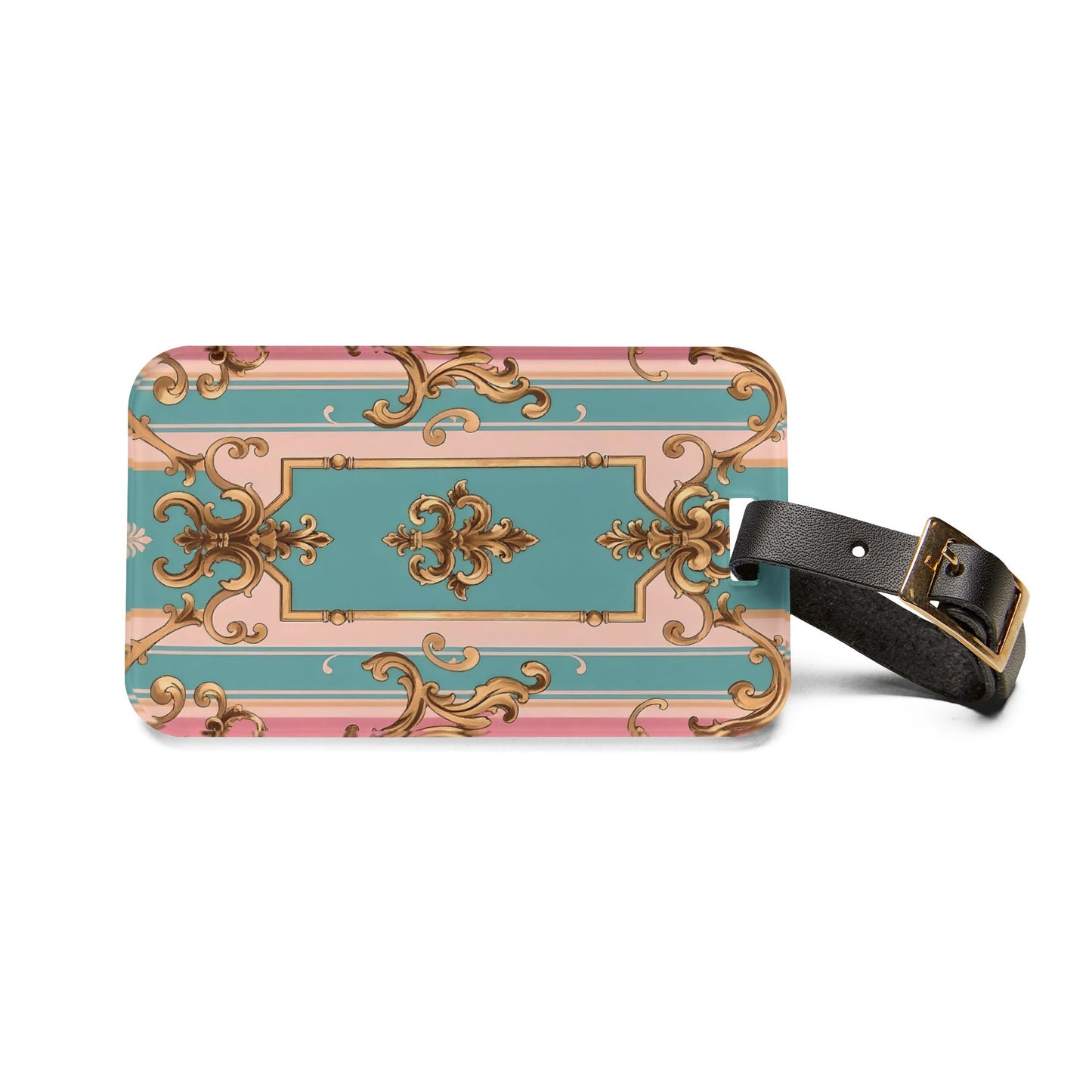 Elegant Travel Luggage Tag - Vintage Chic Design for Stylish Travelers, Personalized Baggage Identifier - Pink & Matte Turquoise Striped Rococo