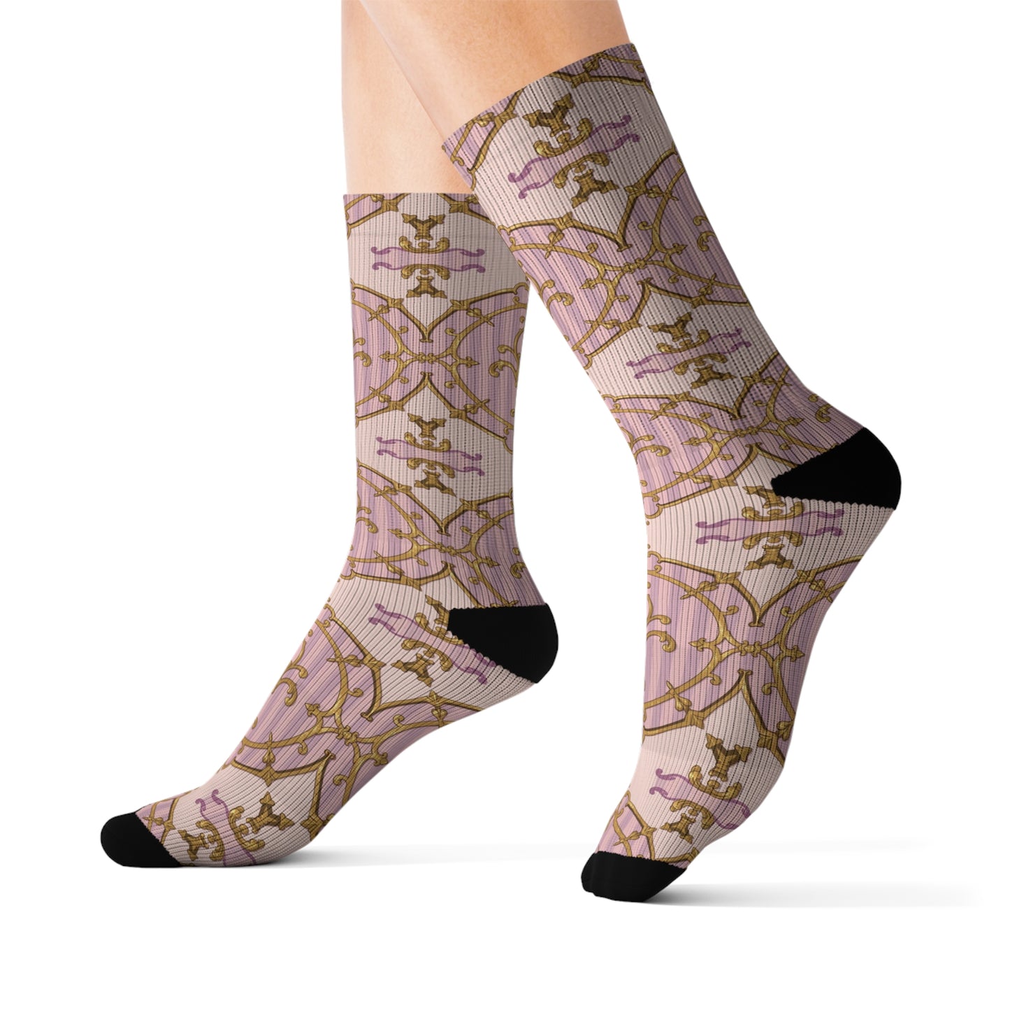 Stylish Lavender & Alabaster Striped Gold Baroque Sublimation Socks, Trendy Fashion Accessories, Gift for Her, Unique Print Socks
