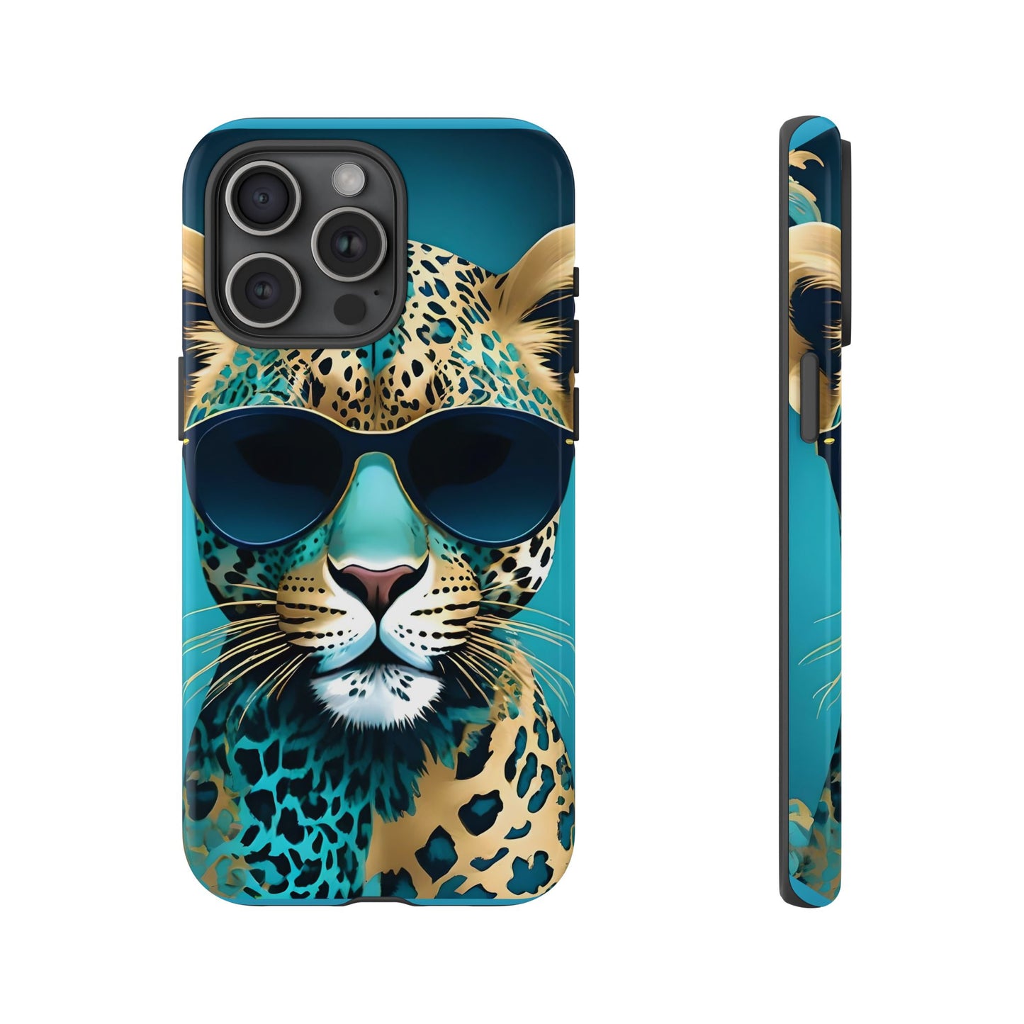 Phone Case - Aqua & Gold Leopard In Sunglasses Design