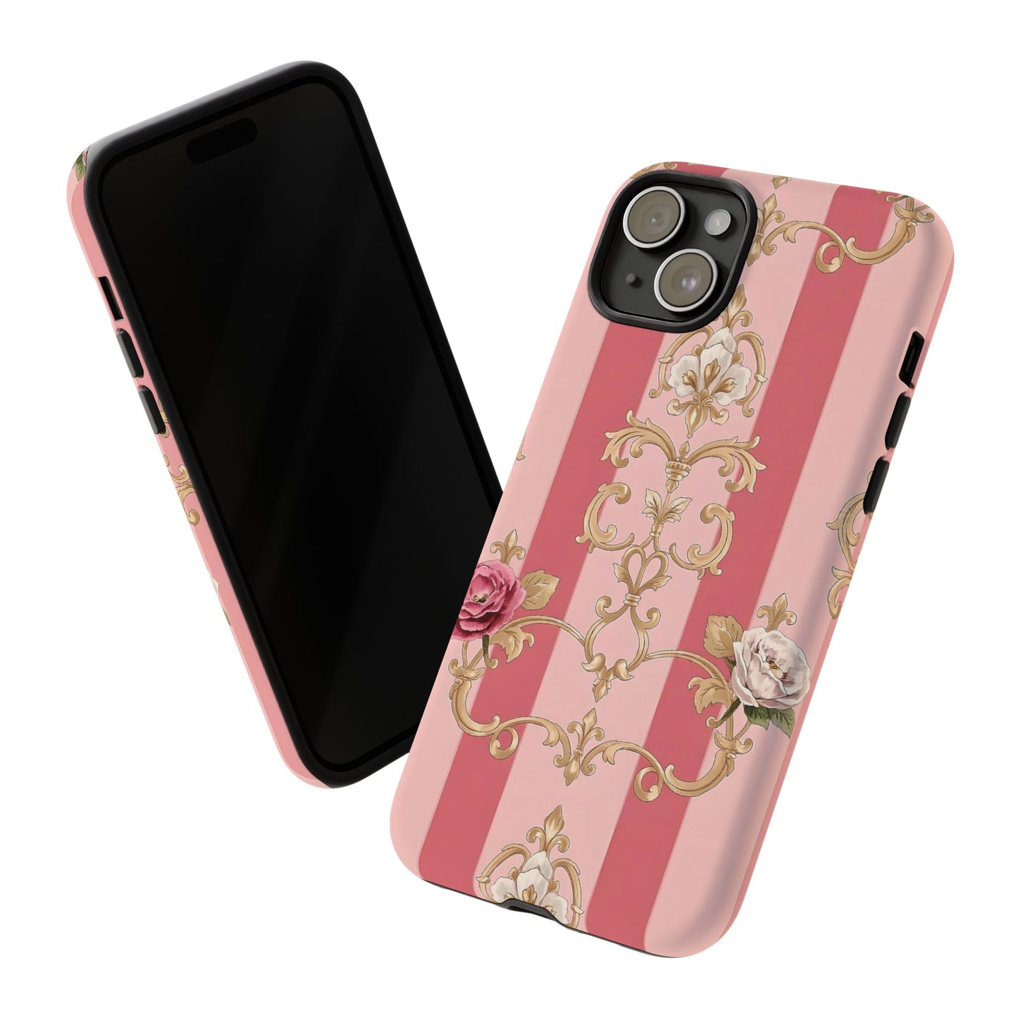 Elegant Floral Motif Phone Case - Tough Cases with Vintage Design - Pink Striped Roses & Damask