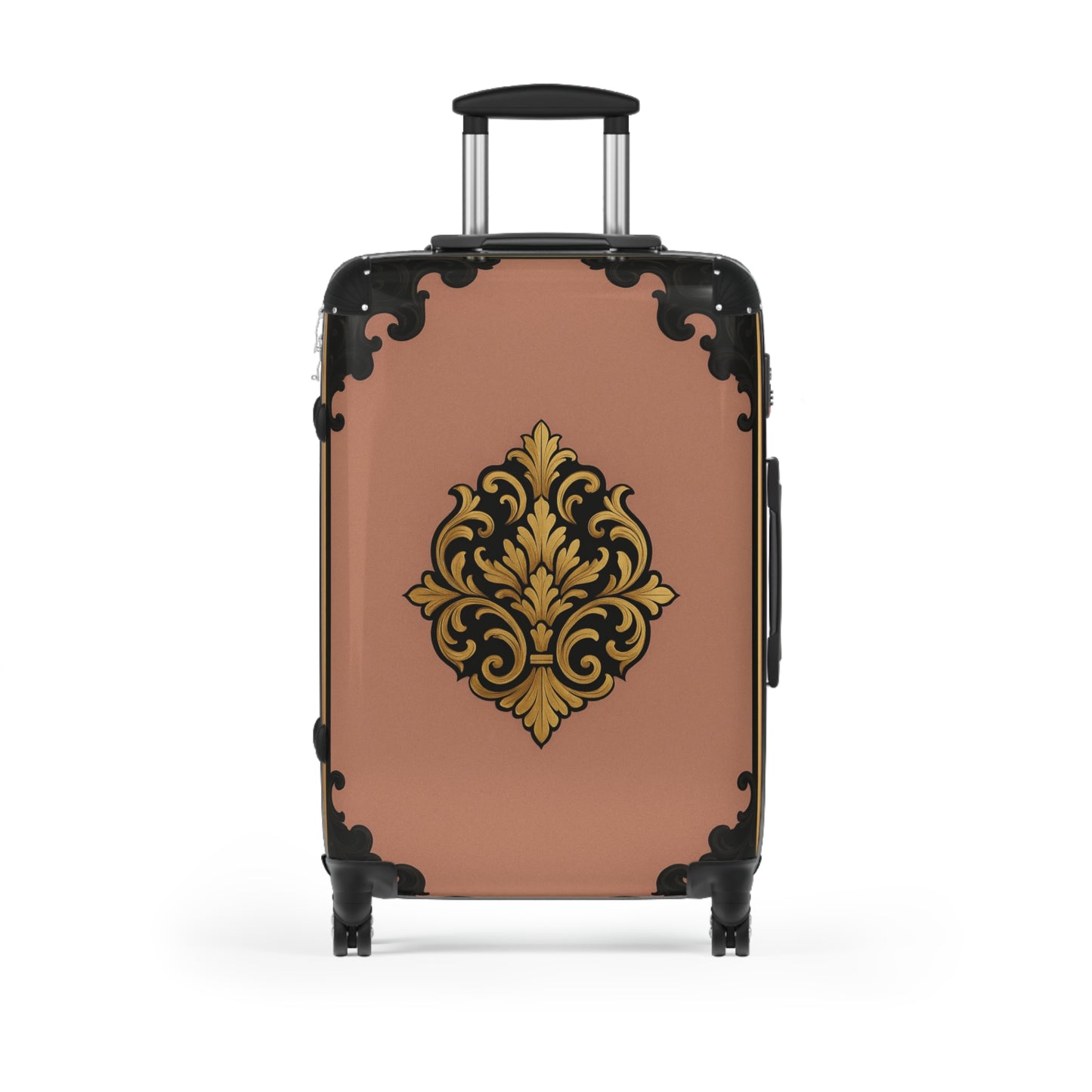 Mauve & Black-Gold Baroque Carry-On Suitcase with Elegant Gold Baroque Design — Vintage Travel Luggage