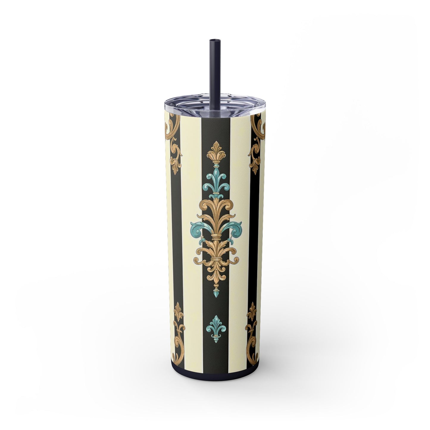 Elegant Stripe Skinny Tumbler | 20oz | Ideal Gift for Home, Office, Travel, Party, or Everyday Use - Black Striped Turquoise & Black Rococo