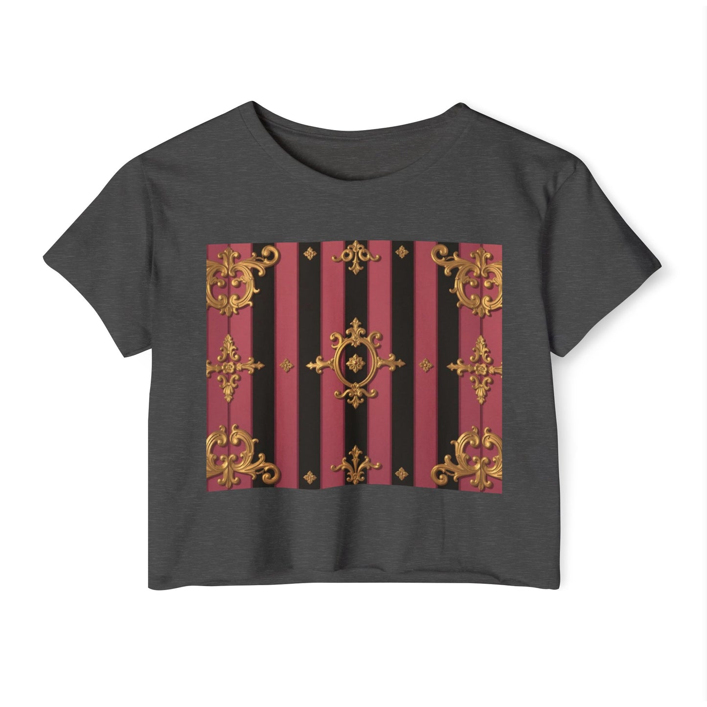 Festival Ready Black & Mauve Striped Gold Baroque Women's Crop Top | Elegant Chic, Summer Fashion, Music Festival Apparel