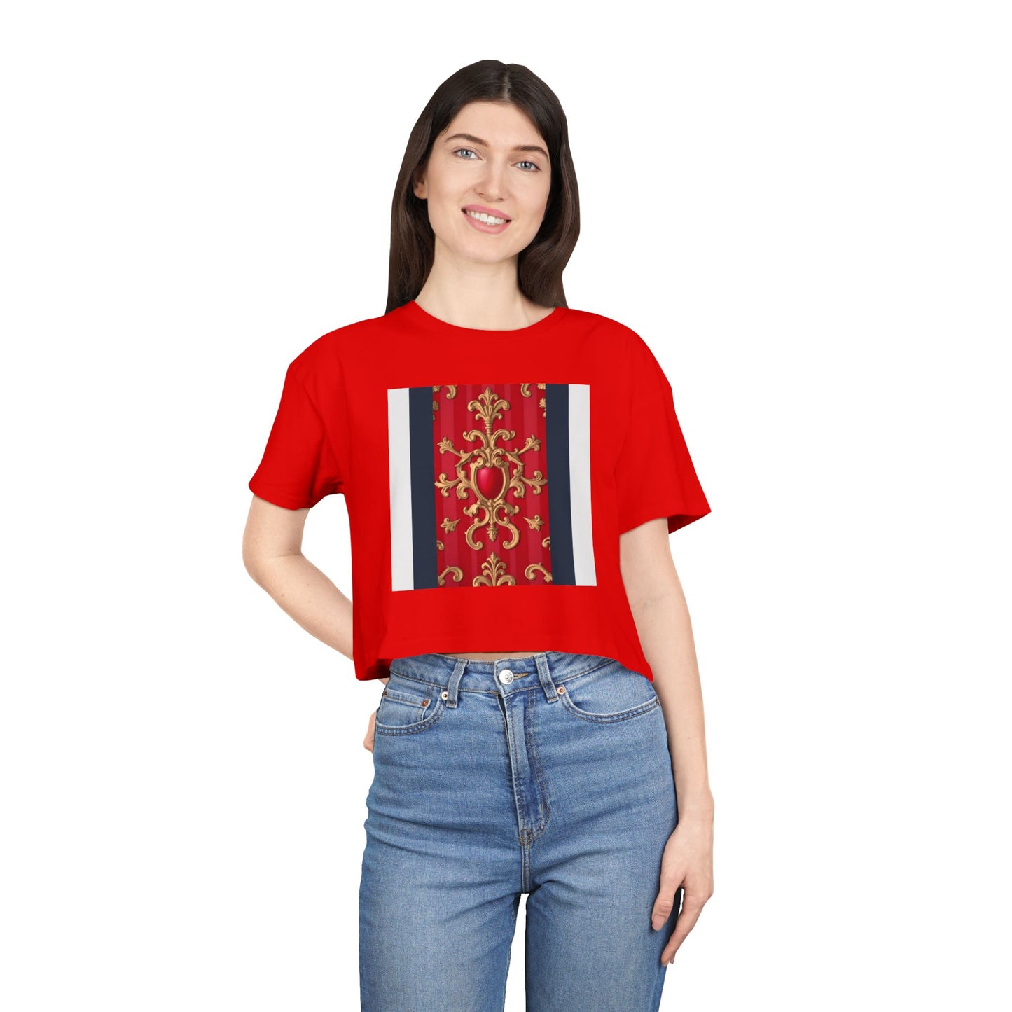 Women's Vintage Floral Crop Tee, Casual Summer Top, Bohemian Fashion, Trendy T-Shirt, Vacation Outfit - Blue, Red & White Striped Baroque