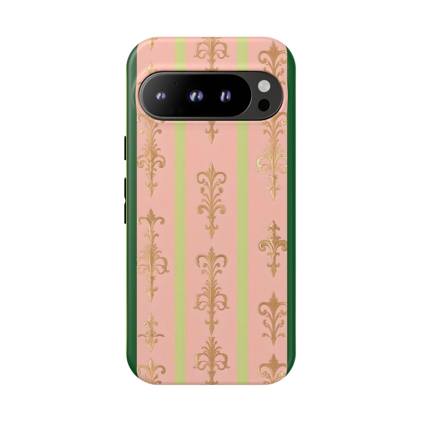 Elegant Floral Motif Phone Case - Tough Cases with Vintage Design - Lime Green & Pink Striped Damask