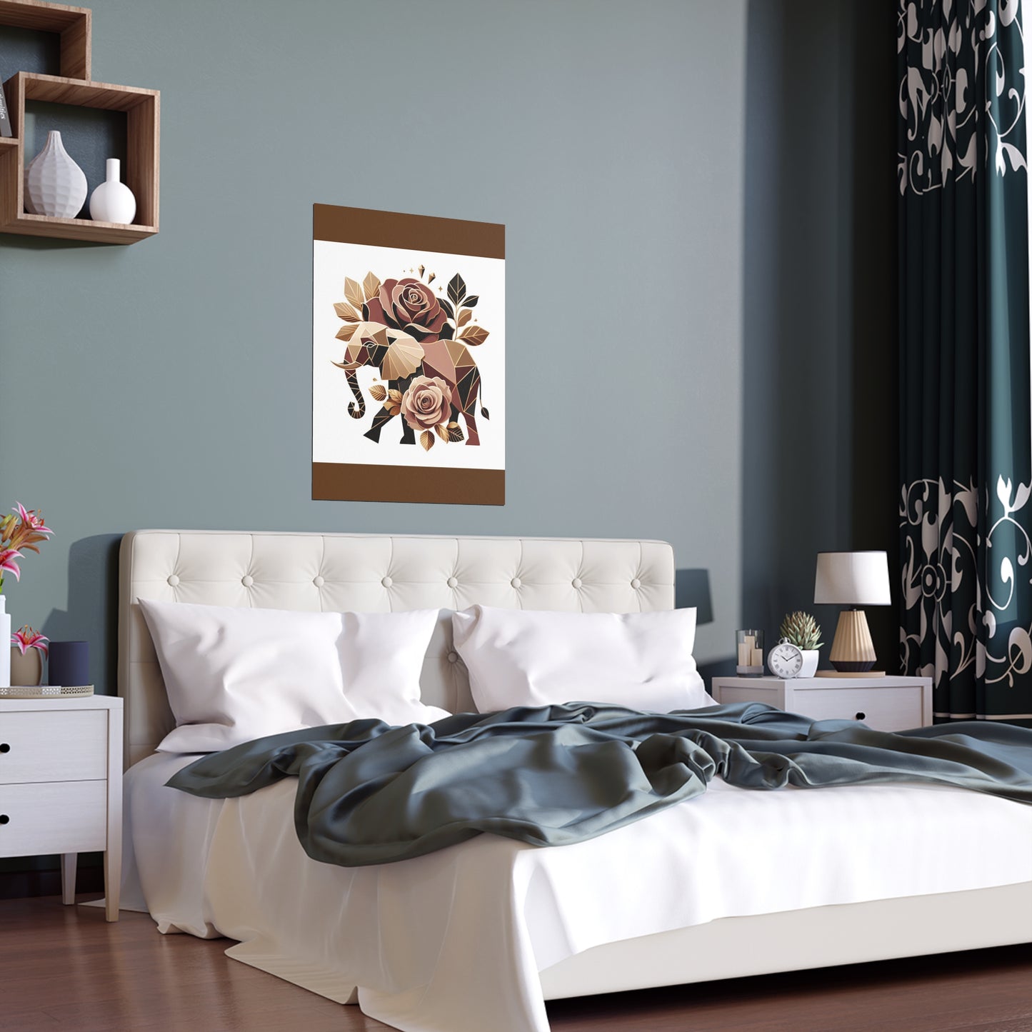 Elegant Floral Silk Poster - Indoor/Outdoor Wall Art for Home Decor - Brown & Gold Elephant & Roses