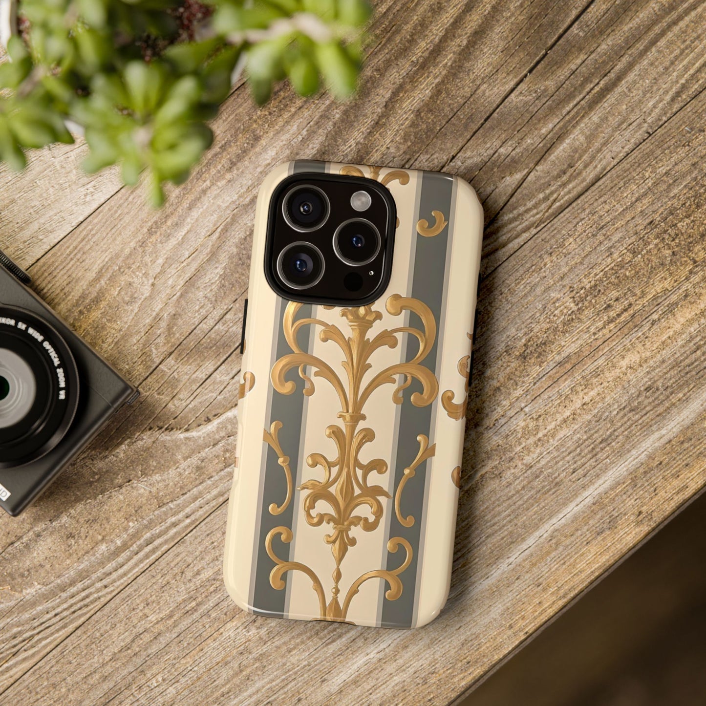 Elegant Floral Motif Phone Case - Tough Cases with Vintage Design - Dusk Olive Striped Gold Damask