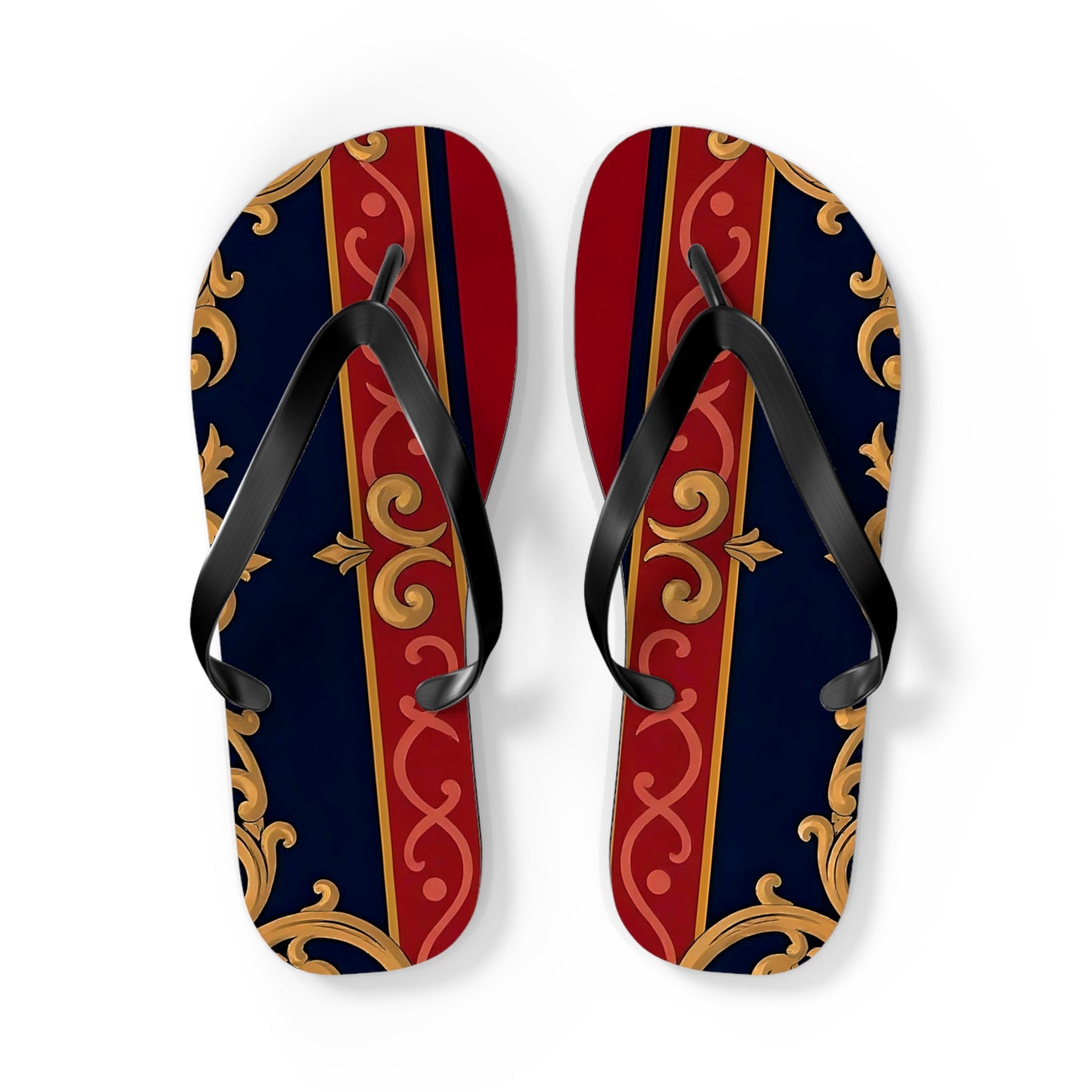 Elegant Vintage Flip Flops, Stylish Summer Footwear, Beachwear Accessories, Vacation Essentials - Midnight Blue & Dusk Red Gold Baroque