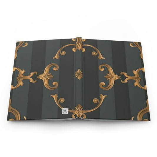 Elegant Gold Floral Hardcover Journal - Luxurious Writing Notebook - Gray Striped Baroque