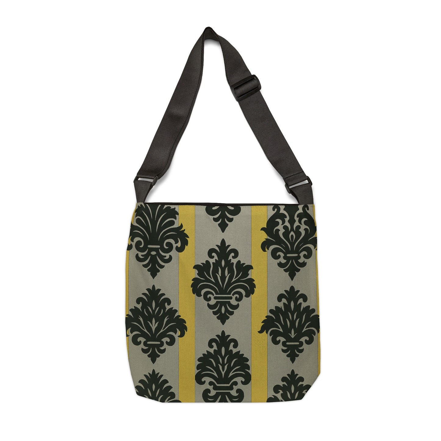 Elegant Vintage Baroque Adjustable Tote Bag | Perfect for Everyday Use, Gift Ideas, Fashion Accessory - Silver & Gold Striped Black Baroque