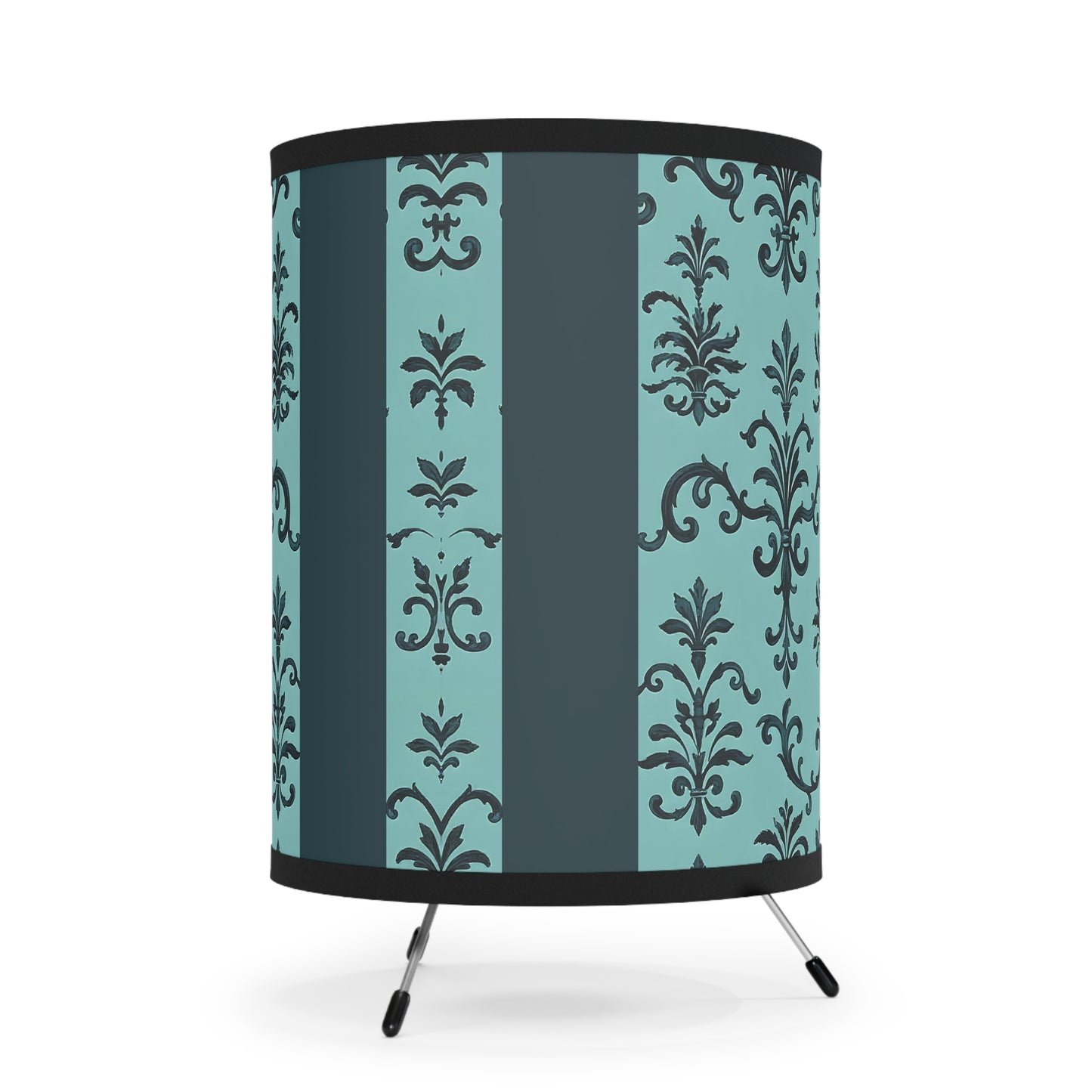 Elegant Tripod Lamp with High-Res Floral Printed Shade, Home Decor, Living Room Lighting, Design Lovers Gift - Teal Striped Rococo