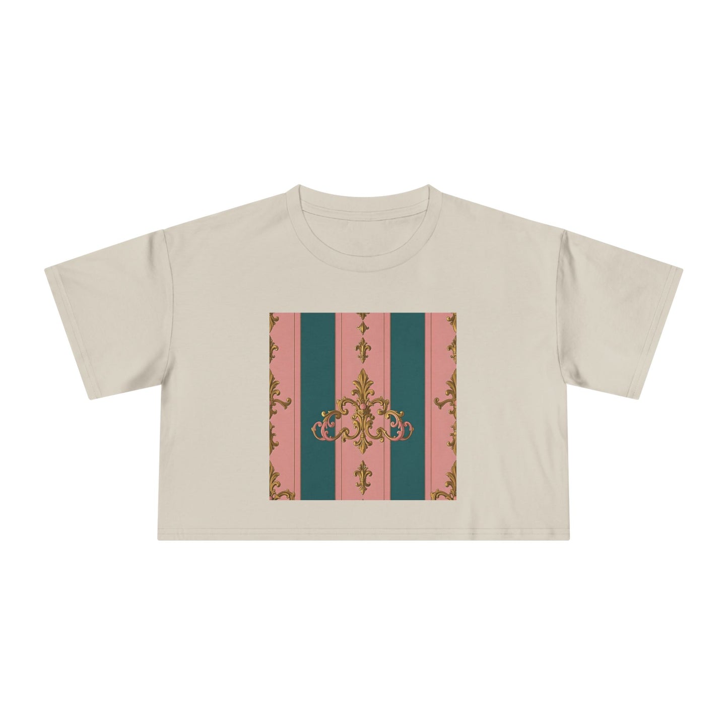 Baroque Vintage Women's Crop Tee, Casual Top, Summer Fashion, Trendy Shirt, Graphic T-Shirt, Gift for Her - Pink & Teal Striped Gold Baroque