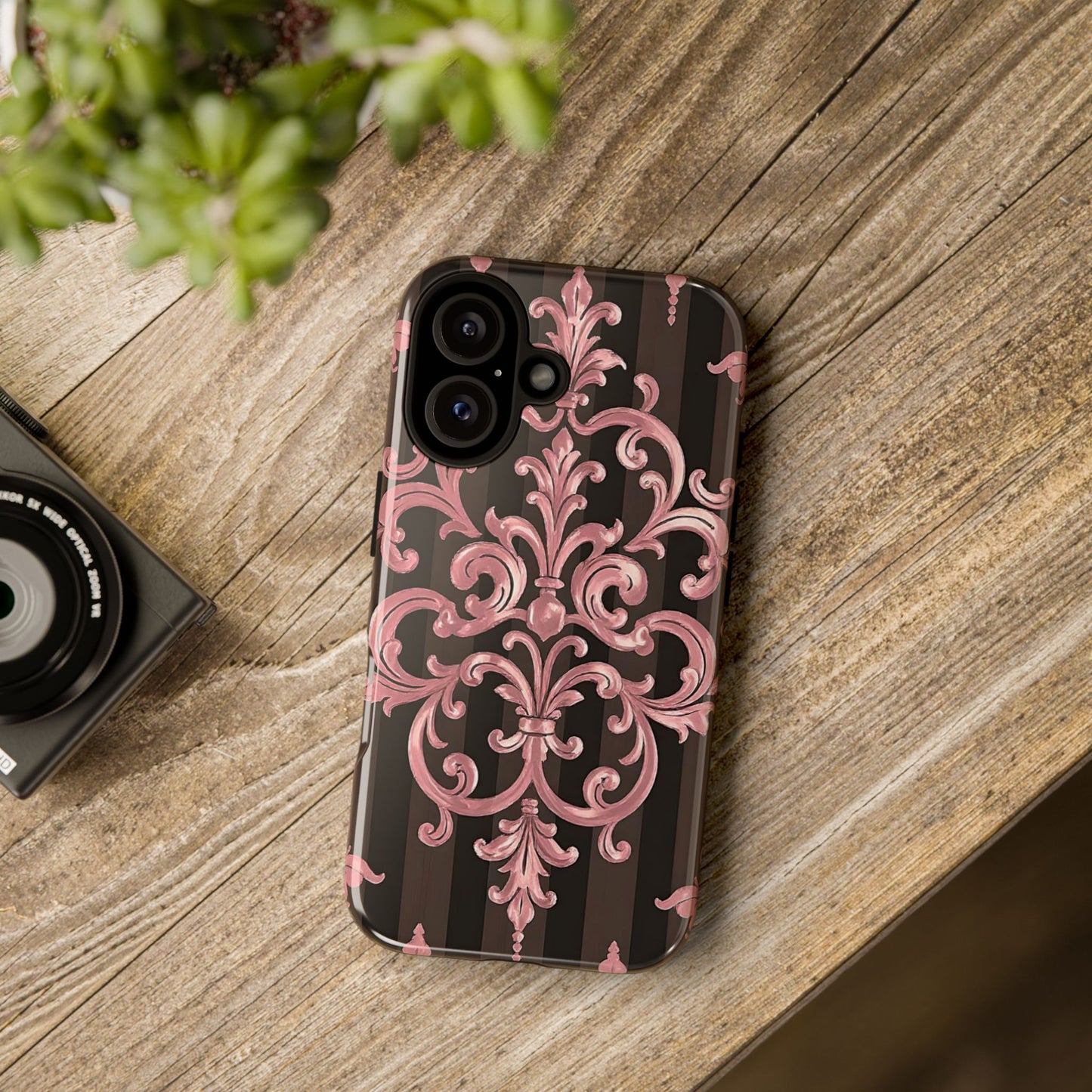 Elegant Floral Motif Phone Case - Tough Cases with Vintage Design - Brown Striped Mauve Damask