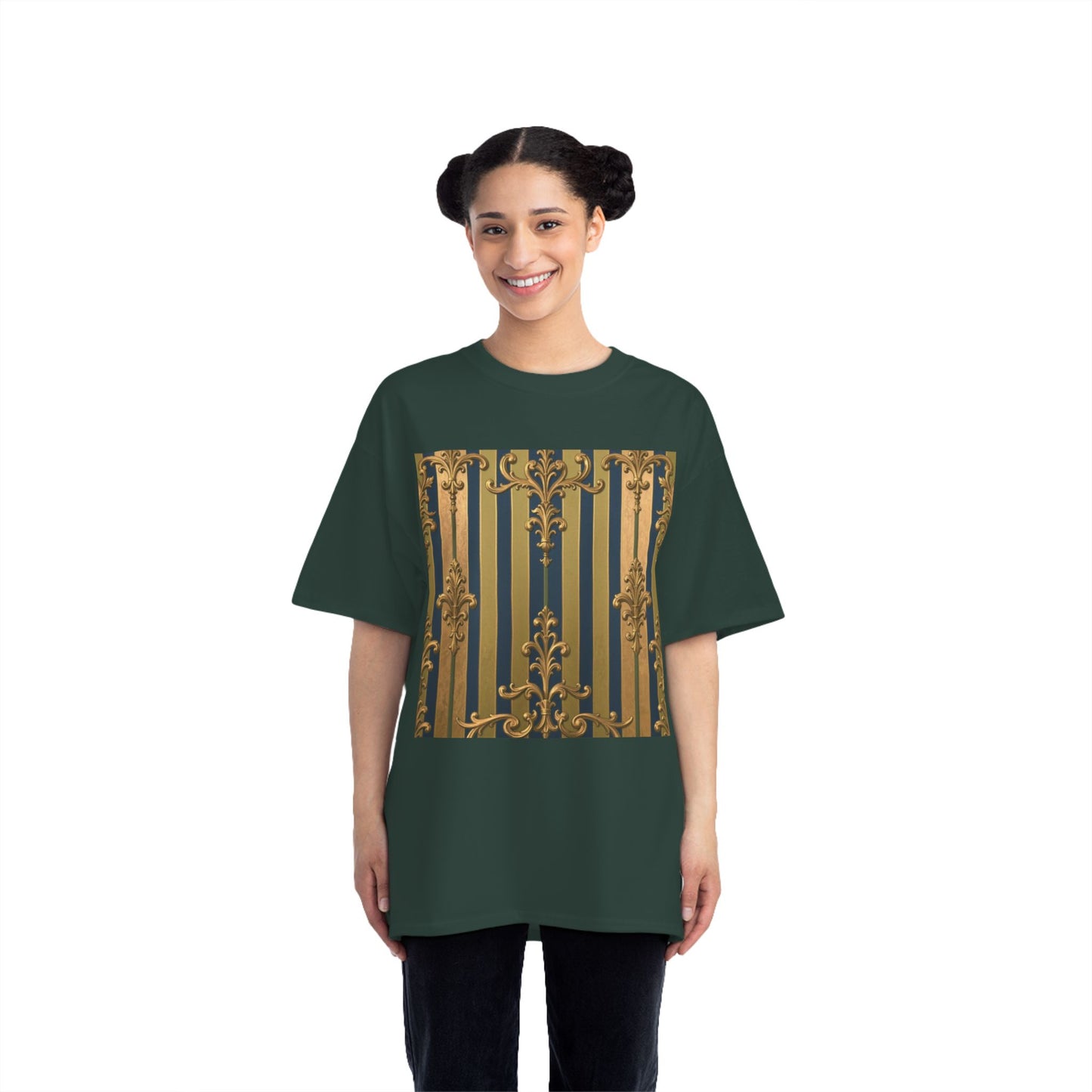 Elegant Midnight Blue & Olive Striped Gold Baroque Short-Sleeve Unisex T-Shirt, Vintage Fashion Tee, Casual Summer Top