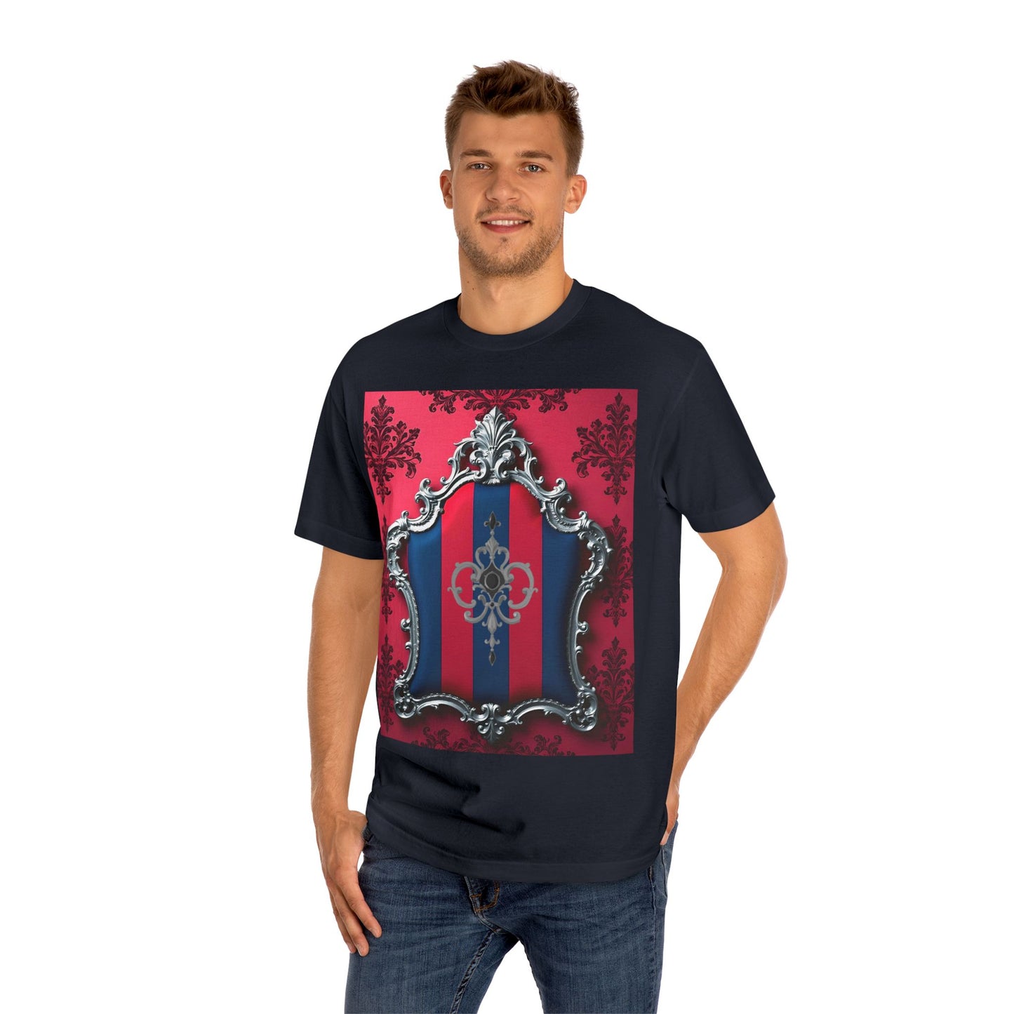 Vintage Couture Shield Unisex Classic Tee, Fashion T-Shirt, Gift for Fashion Lovers, Casual Wear, Unique Graphic Shirt - Blue & Red Striped Silver Crest
