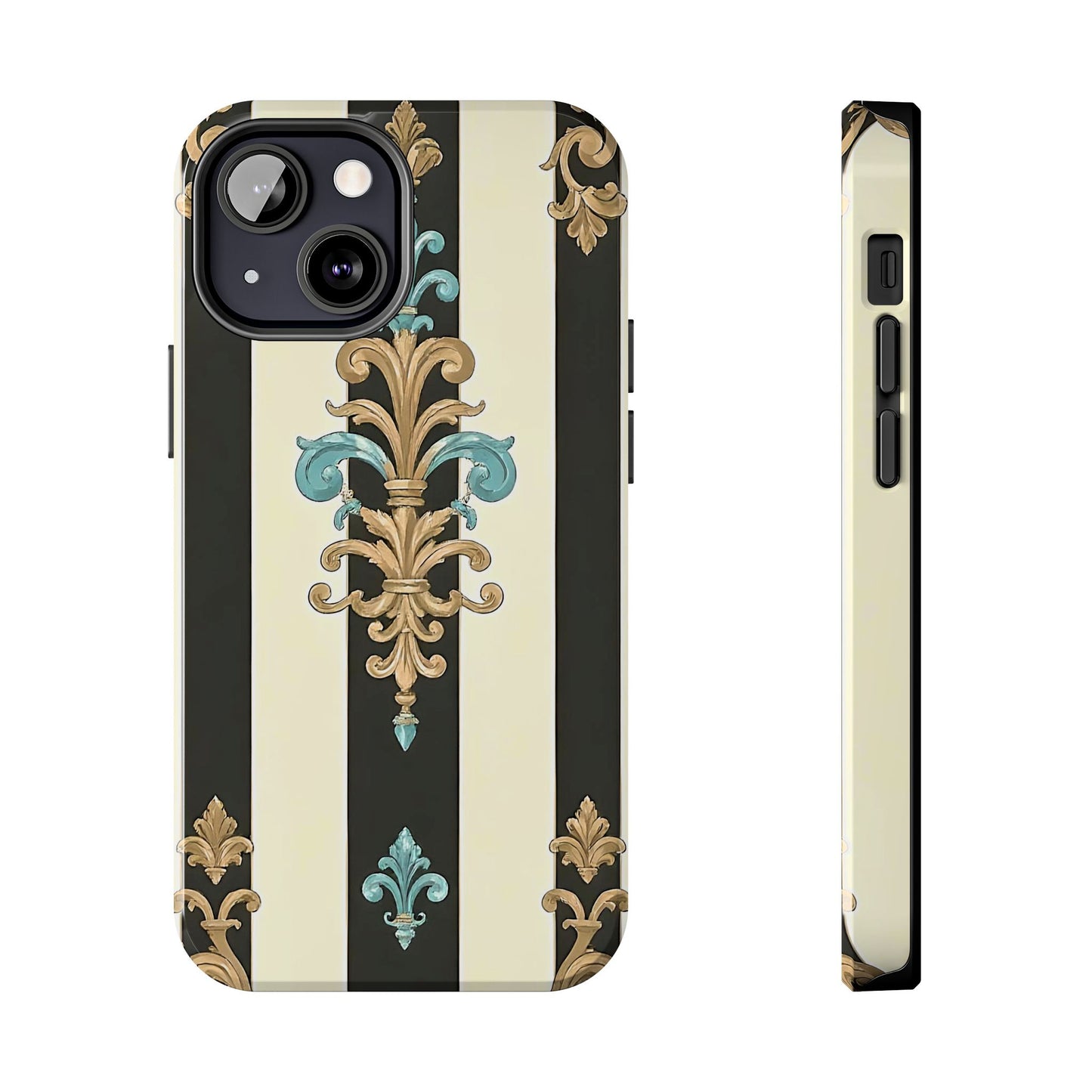 Elegant Vintage Tough Phone Cases, Stylish Phone Accessories, Quality Protection, Gifts for Her - Black Striped Turquoise & Black Rococo