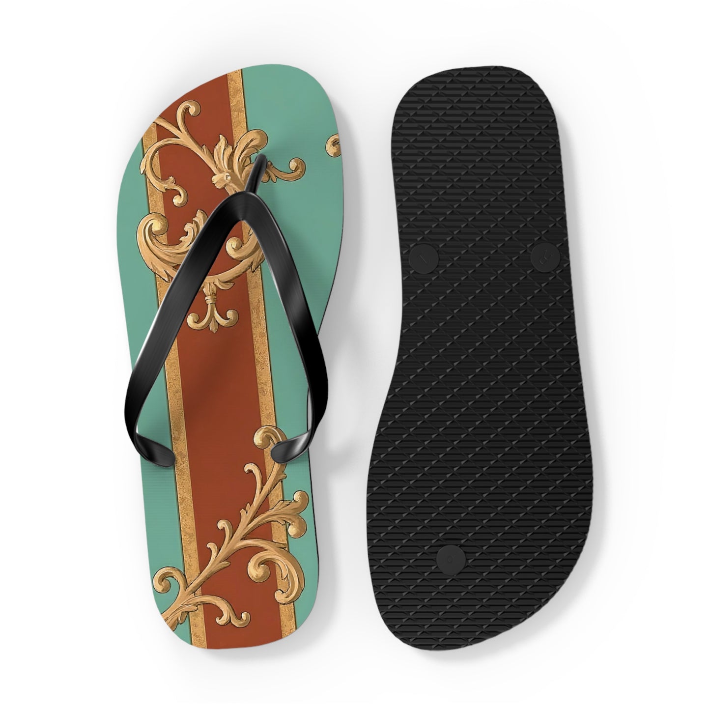 Elegant Vintage Flip Flops with Ornate Design - Perfect for Summer & Beach Getaways - Rust & Mint Aqua Striped Baroque