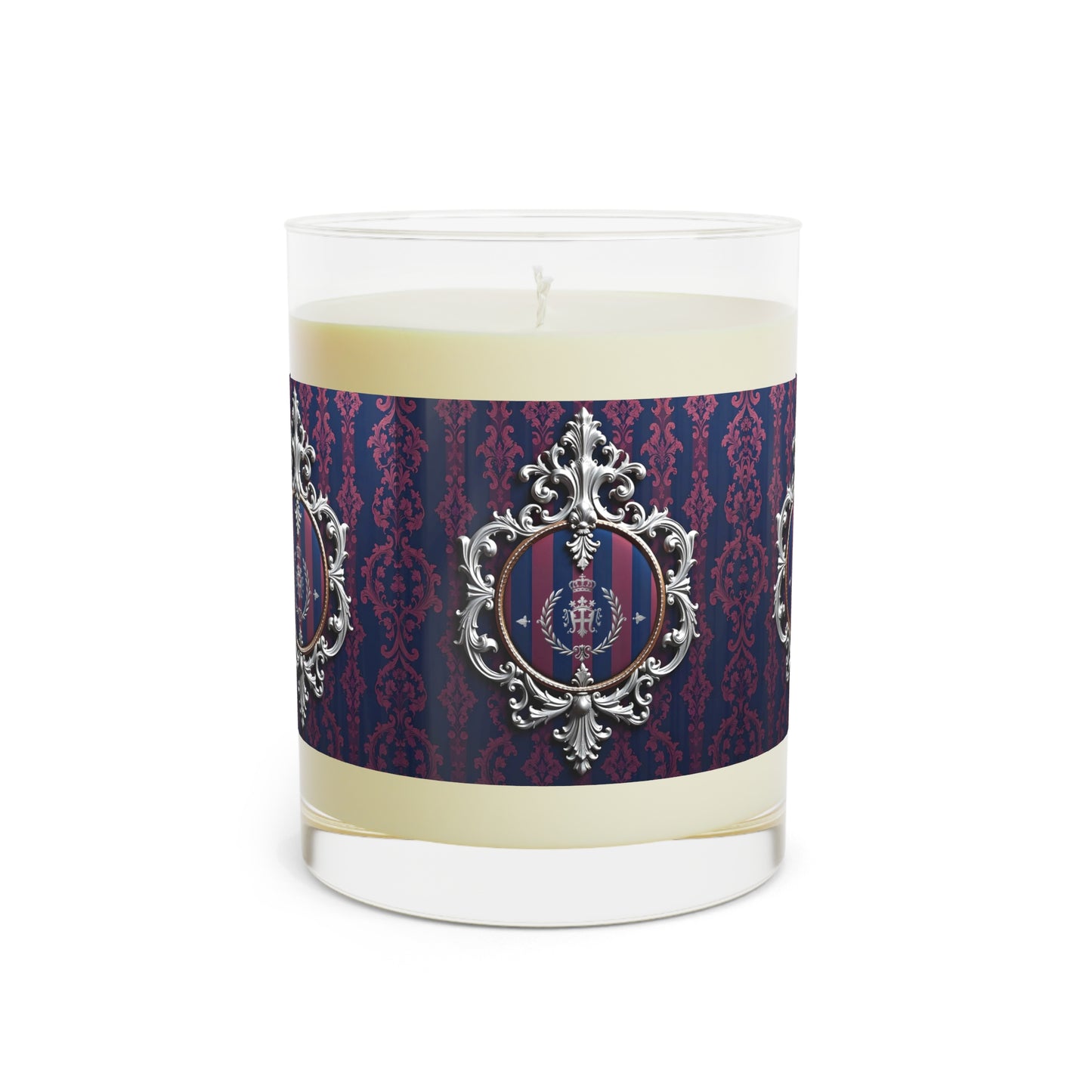 Elegant Scented Candle - Luxurious Home Decor, Aromatherapy Gift, Housewarming Present, Decorative Candle - Blue & Plum Striped Silver Crest