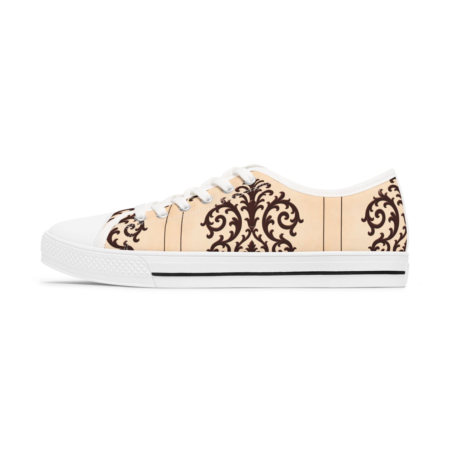 Almond-Beige & Brown Baroque Pattern Women's Low Top Sneakers — Elegant Vintage Baroque Design