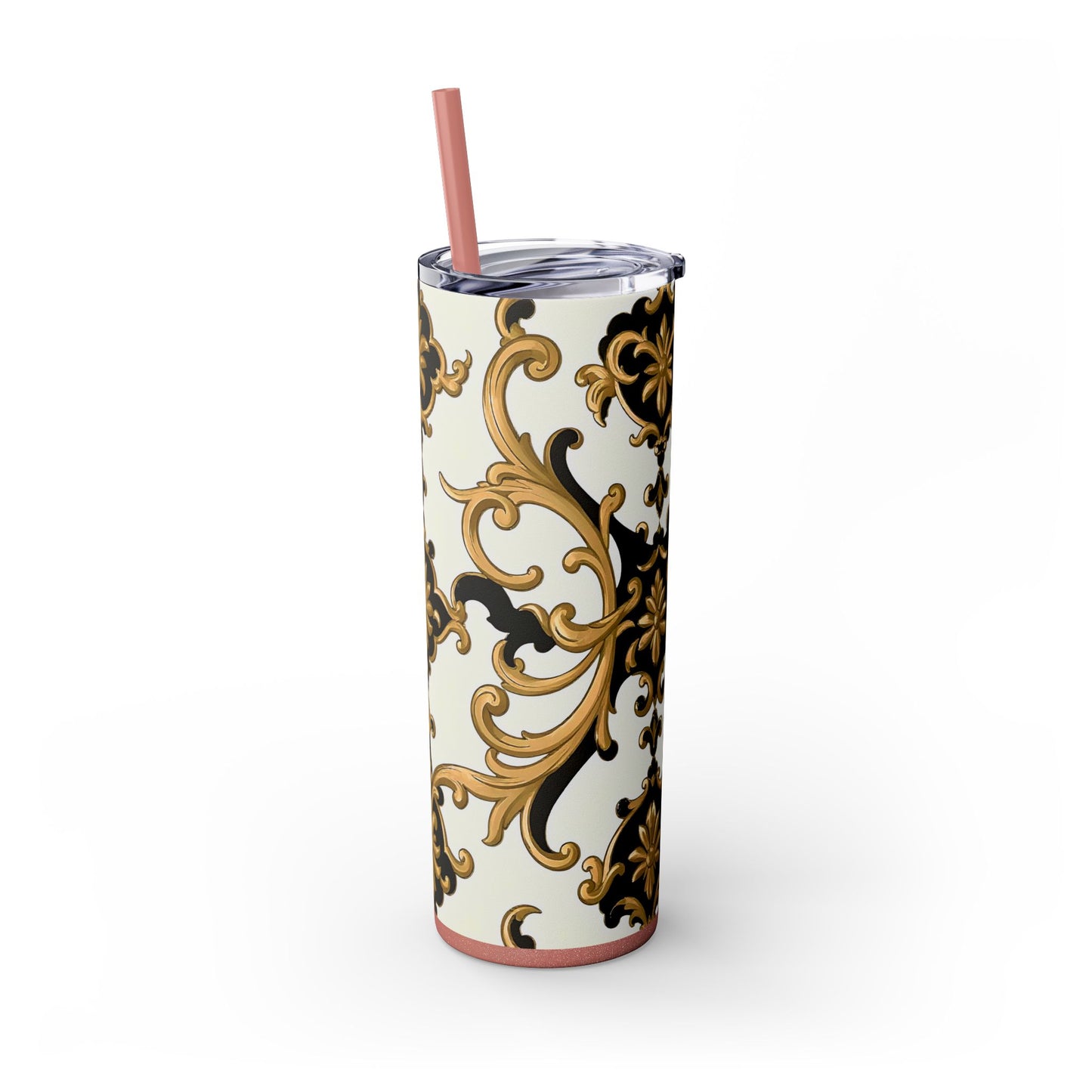 Elegant Gold Floral Skinny Tumbler, 20oz | Insulated Cup for Hot & Cold Drinks, Travel Mug, Gift for Mom, Stylish Drinkware - Black & Gold Rococo