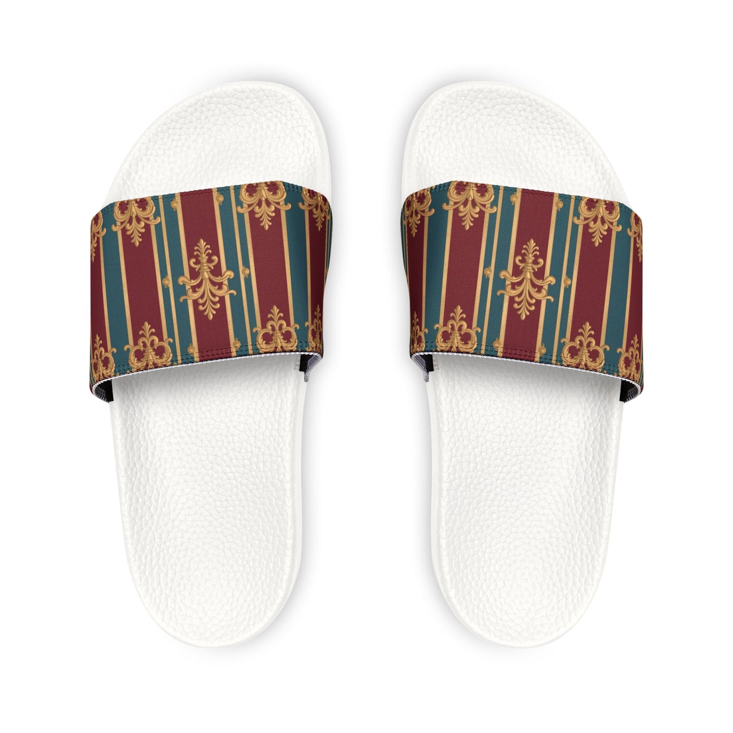 Chic Women's Removable-Strap Sandals, Summer Beach Footwear, Casual Slip-Ons, Trendy Slide Sandals - Burgundy Striped Gold Baroque